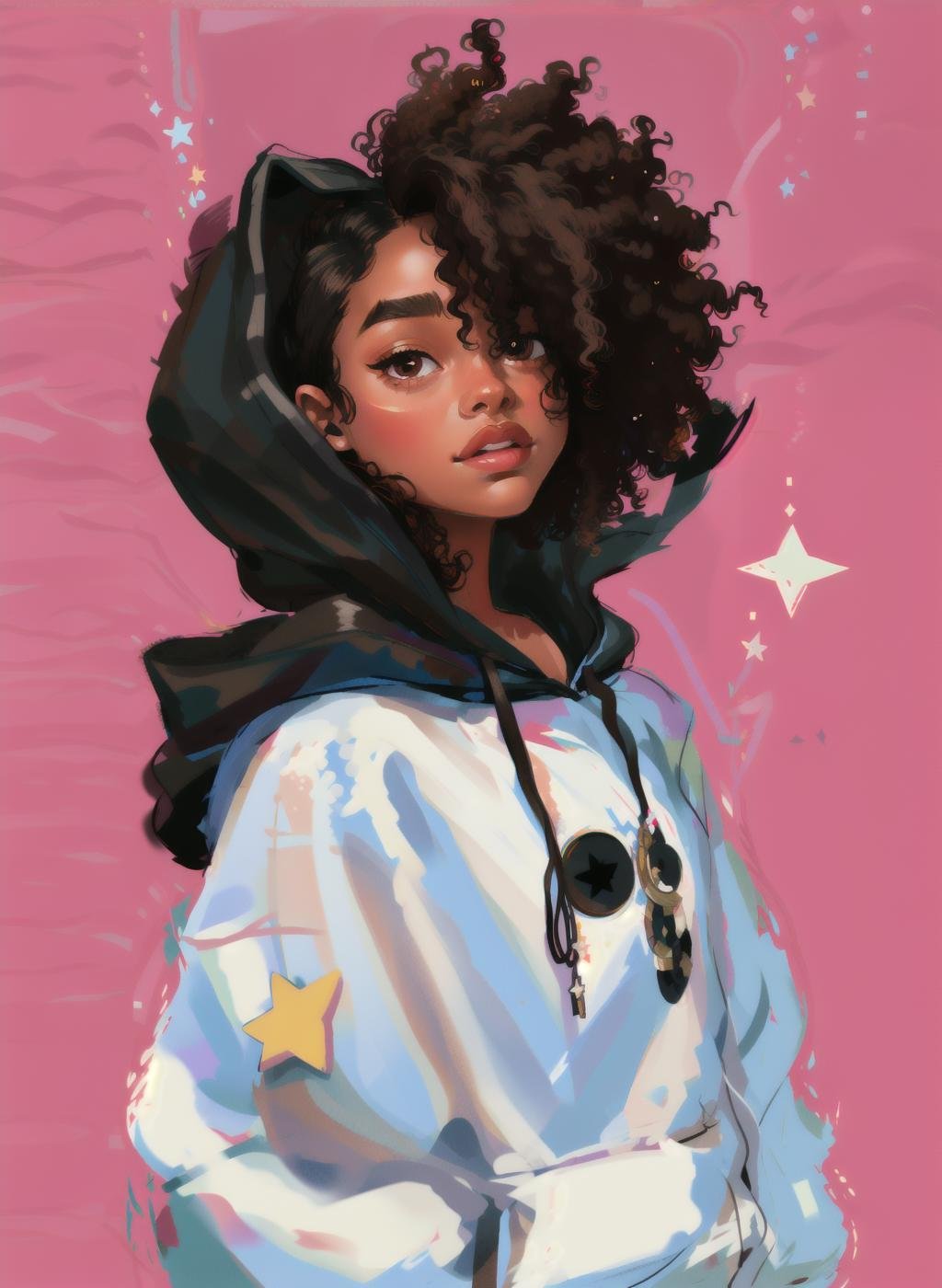 1girl, solo, looking at viewer, simple background, black hair, brown eyes, upper body, dark skin, hood, star (symbol), hair over one eye, black eyes, dark-skinned female, lips, hoodie, hood down, curly hair, drawstring, white hoodie, very dark skin,   <lora:Curly:0.7>