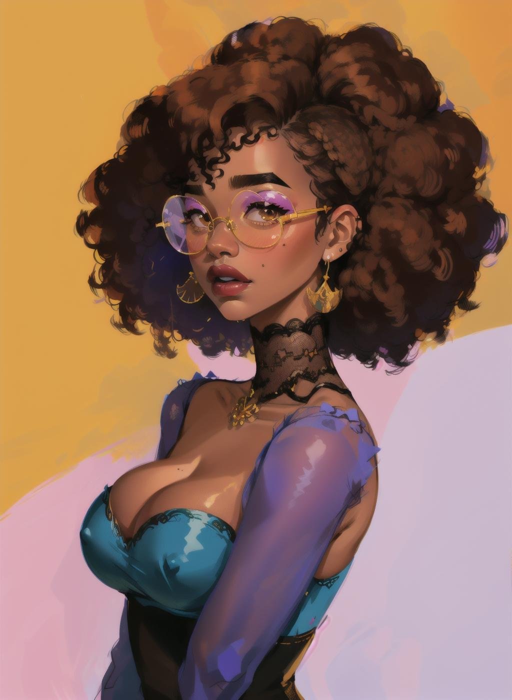 1girl, solo, looking at viewer, large breasts, simple background, brown hair, cleavage, brown eyes, jewelry, upper body, earrings, glasses, artist name, dark skin, mole, dark-skinned female, lips, mole under eye, makeup, lipstick, yellow background, eyeshadow, curly hair, round eyewear, tinted eyewear, big hair, purple lips, very dark skin, afro, <lora:Curly:0.6>