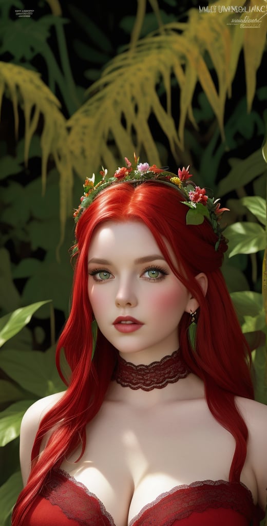 Red-haired bohemian queen in jungle beauty

Portrait Of beautiful red haired bohemian queen wearing red colour lace surrounded by jungle Plants And Flowers art by Mike Mayhew and Mark brooks and Ross Tran 8K Resolution,Mature Face