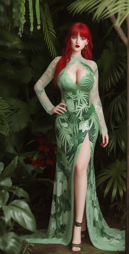 Full body Image, Red-haired bohemian queen in jungle beauty, light green eyes, pouted red lips,
beautiful red haired bohemian queen wearing red colour lace Dress surrounded by jungle Plants And Flowers, 8K Resolution,Mature Face