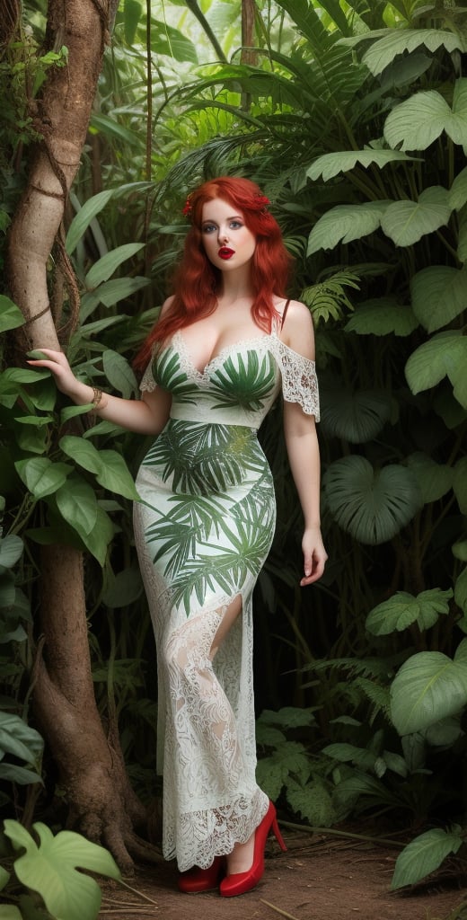 Full body Image, Red-haired bohemian queen in jungle beauty, light green eyes, pouted red lips, hourglass body,
beautiful red haired bohemian queen wearing red colour lace Dress surrounded by jungle Plants And Flowers, 8K Resolution,Mature Face