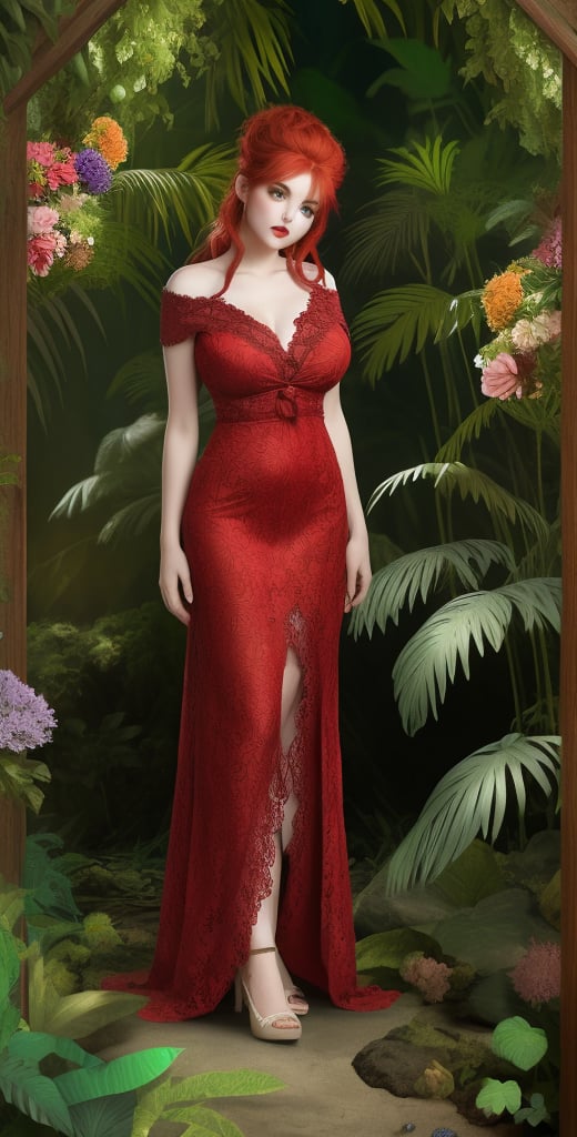 Full body Image, Red-haired bohemian queen in jungle beauty, light green eyes, pouted red lips,
beautiful red haired bohemian queen wearing red colour lace Dress surrounded by jungle Plants And Flowers, 8K Resolution,Mature Face