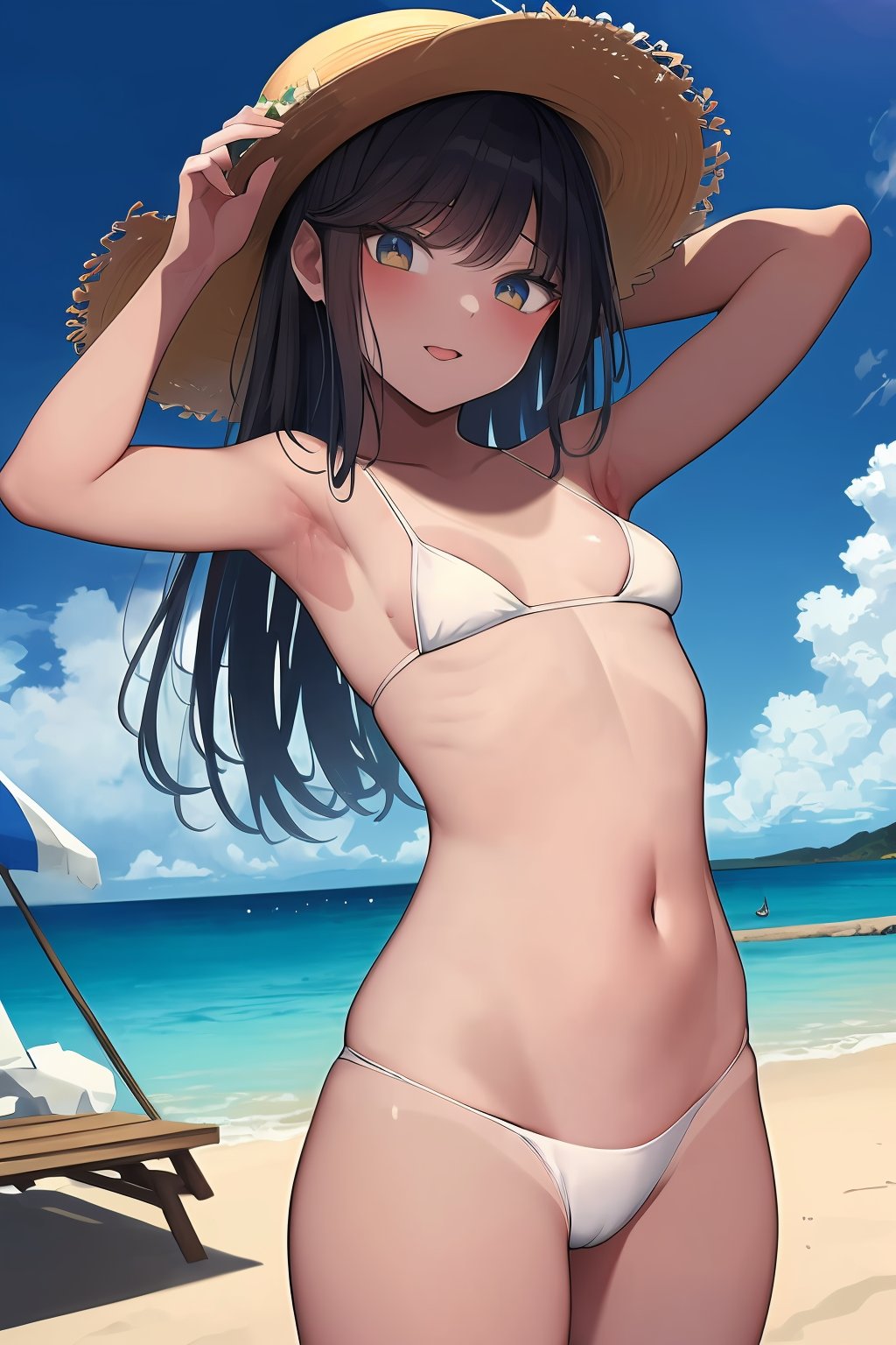 ((masterpiece, best quality, absurdres, highres, ultra detailed, high resolution, very fine 8KCG wallpapers)), 1 girl, solo, undress woman, standing, swimsuit, bikini, cowboy shot, small breasts, tan, outdoor, sky, day, cloud, armpits, stomach, one-piece tanlines, arms up, holding a straw hat, blue sky, groin, white bikini, beach<lora:EMS-333367-EMS:0.800000>