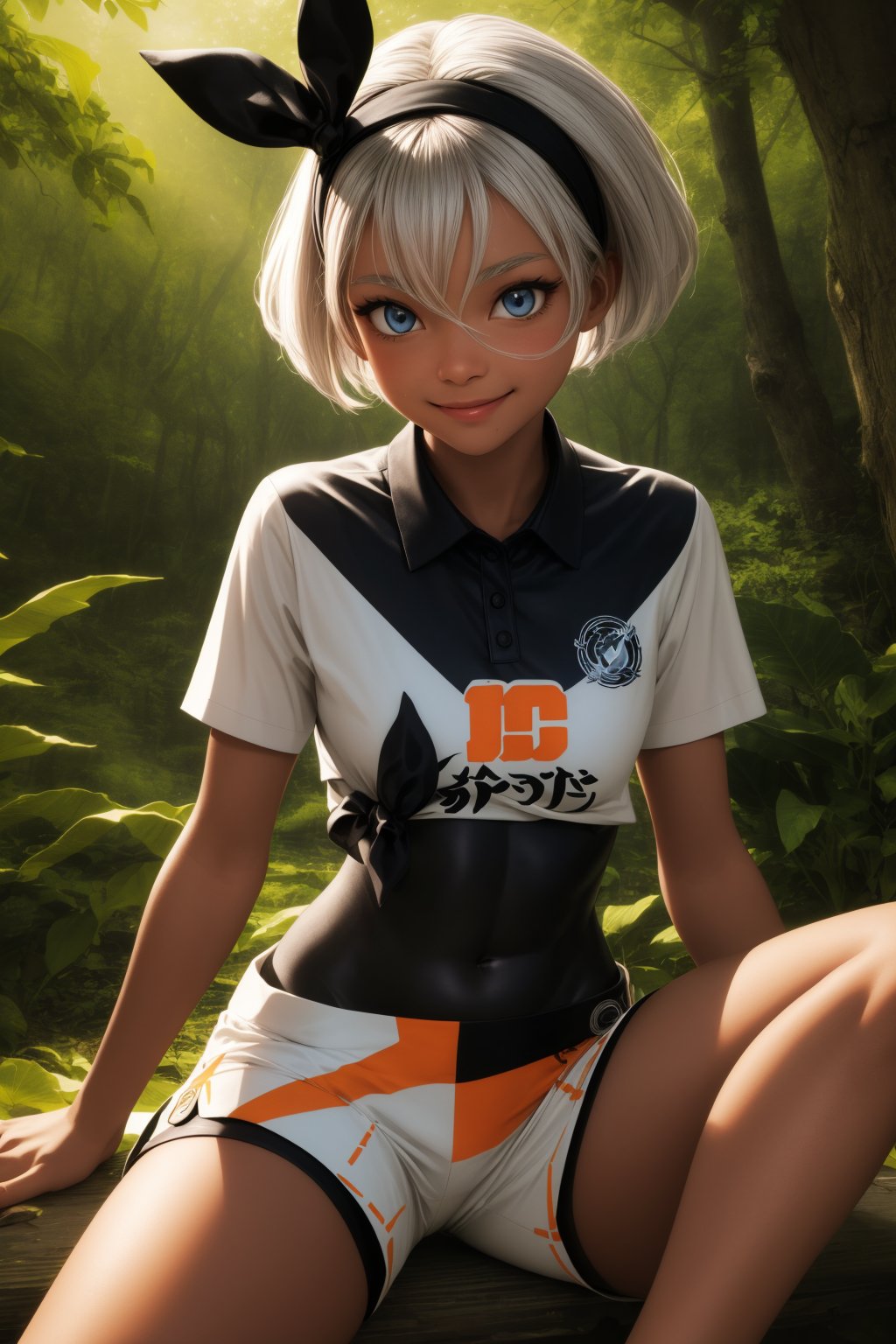 pkmnbea, 1girl, solo, blue eyes, white hair, short hair, bangs, hair between eyes, black hairband, bow hairband, dark skin, dark-skinned female,white shirt, print shirt, short sleeves, collared shirt, tied shirt, white shorts, print shorts, black bodysuit, bodysuit under clothes,smile,closed mouth,cowboy shot,sitting,forest,outdoor,(insanely detailed, beautiful detailed face, masterpiece, best quality) cinematic lighting,<lora:PKMN_Bea_v2:1>, <lora:more_details:0.3>,