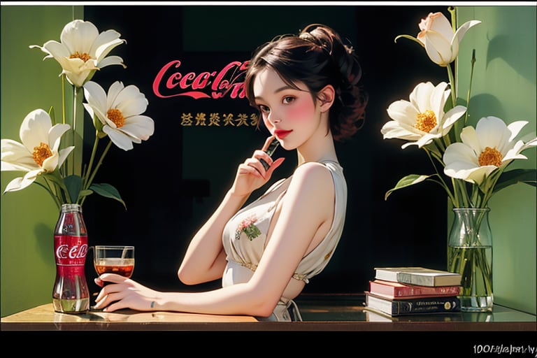 vintage art poster, a woman show a bottle of glass, bottle are soda cola, cricle elements on herback, flower splash, contrasting pattern BG, fresh, fun moment.