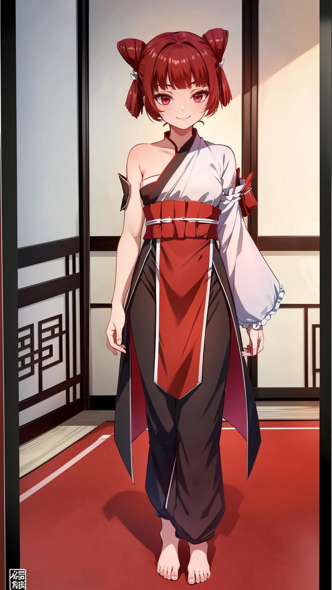 (masterpiece, best quality),ray tracing,absurdres, HDR,wuxingjian, 1girl, solo,red hair, closed mouth, red eyes, smile,chinese clothes, looking at viewer, short hair,,double bun,twintails,bare right shoulders,sash,asymmetrical sleeves,full body,skirt,pants,barefoot,indoors, <lora:wuxingjian_v2:0.8>