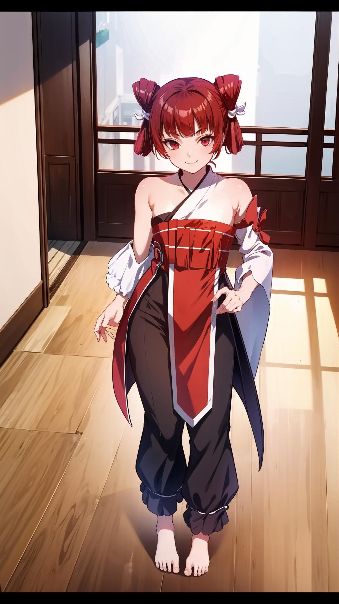 (masterpiece, best quality),ray tracing,absurdres, HDR,wuxingjian, 1girl, solo,red hair, closed mouth, red eyes, smile,chinese clothes, looking at viewer, short hair,,double bun,twintails,bare right shoulders,sash,asymmetrical sleeves,full body,skirt,pants,barefoot,indoors, <lora:wuxingjian_v2:0.8>