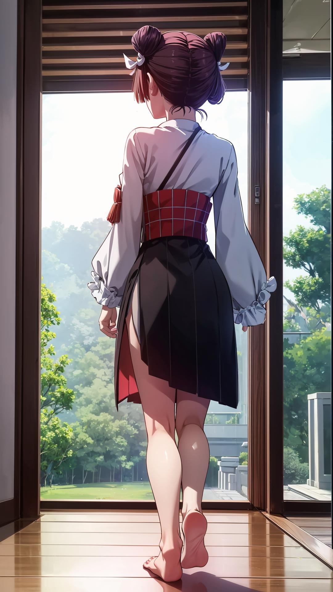 (masterpiece, best quality),ray tracing,absurdres, HDR,wuxingjian, 1girl, solo, barefoot, from behind, short hair, soles, hair bun, long sleeves, skirt, double bun, full body<lora:wuxingjian_v2:0.8>