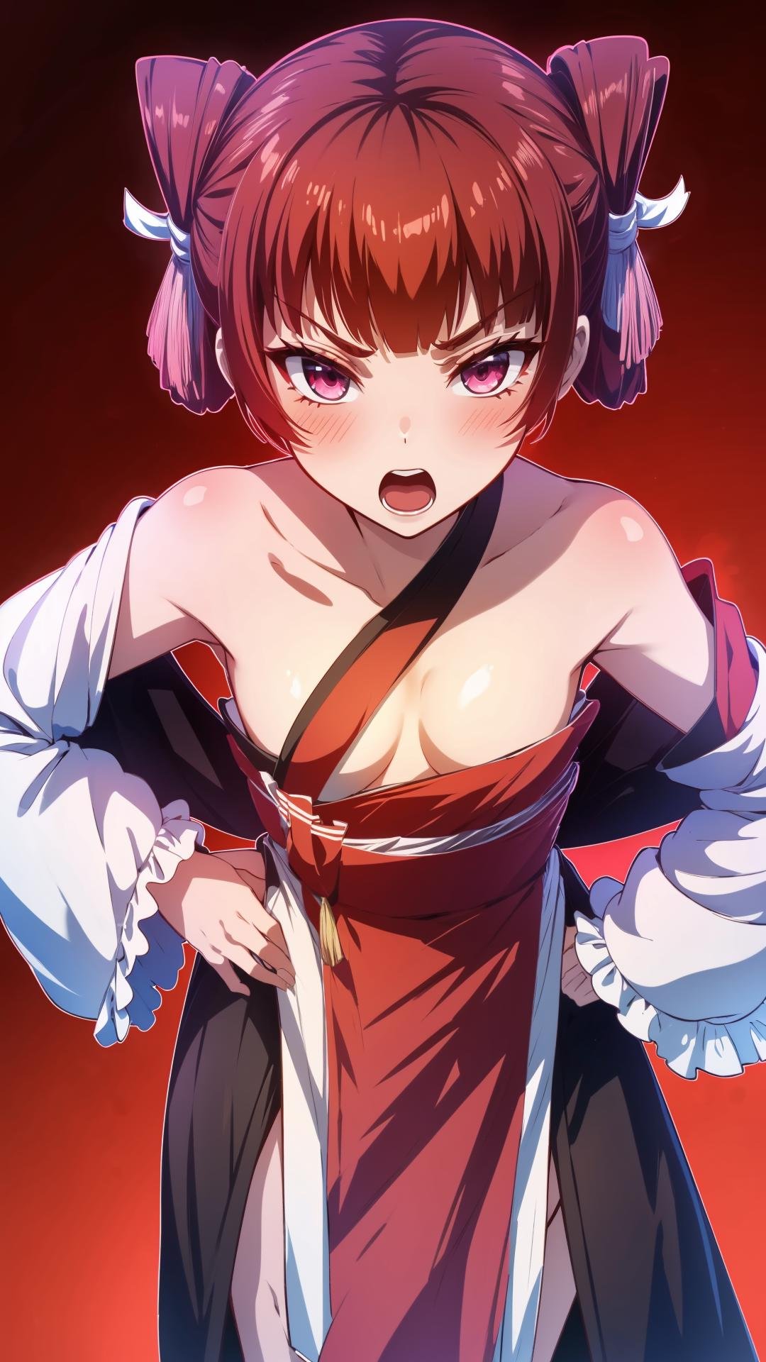 (masterpiece, best quality),ray tracing,absurdres, HDR,wuxingjian, 1girl, solo, red hair, open mouth, hands on hips, red eyes, bangs, , twintails, bare right shoulders,,  angry, pink eyes, chinese clothes, hanfu<lora:wuxingjian_v2:0.8>