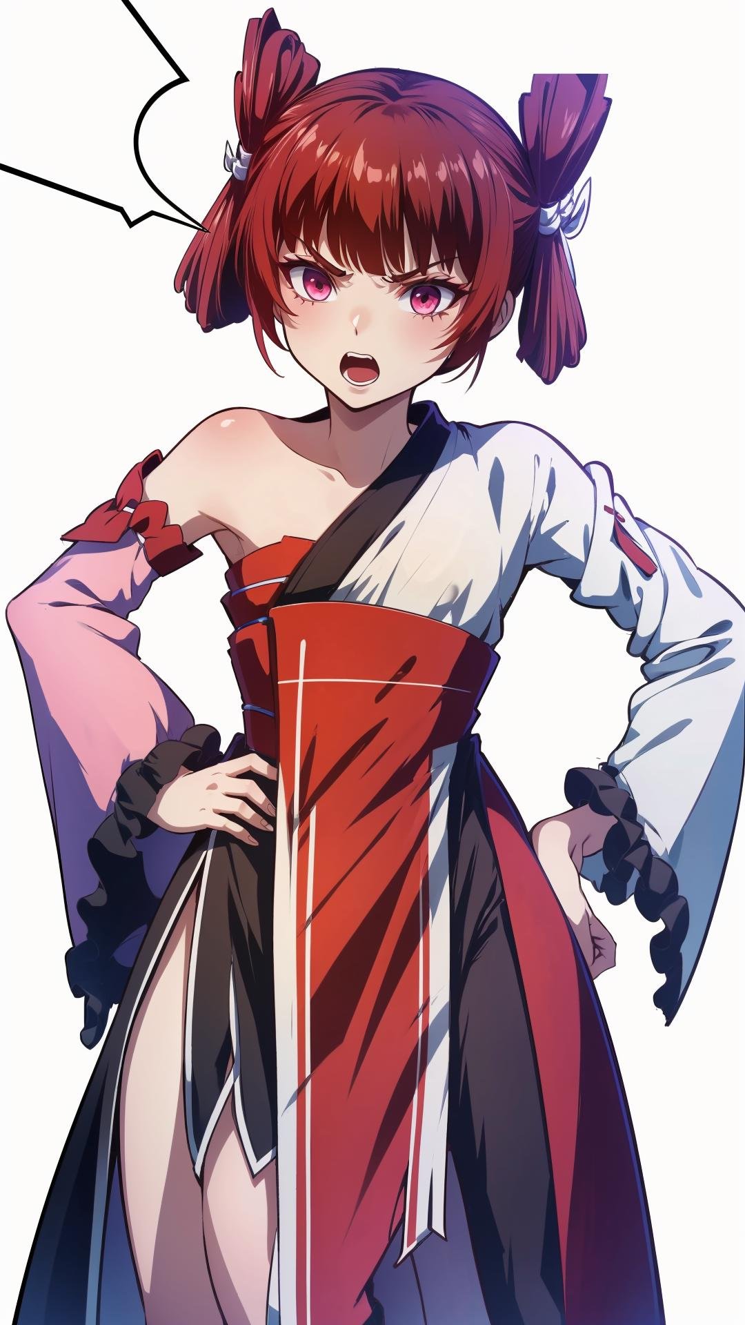 (masterpiece, best quality),ray tracing,absurdres, HDR,wuxingjian, 1girl, solo, red hair, open mouth, hands on hips, red eyes, bangs, white background, twintails, asymmetrical sleeves, speech bubble, angry, pink eyes, chinese clothes, hanfu<lora:wuxingjian_v2:0.8>