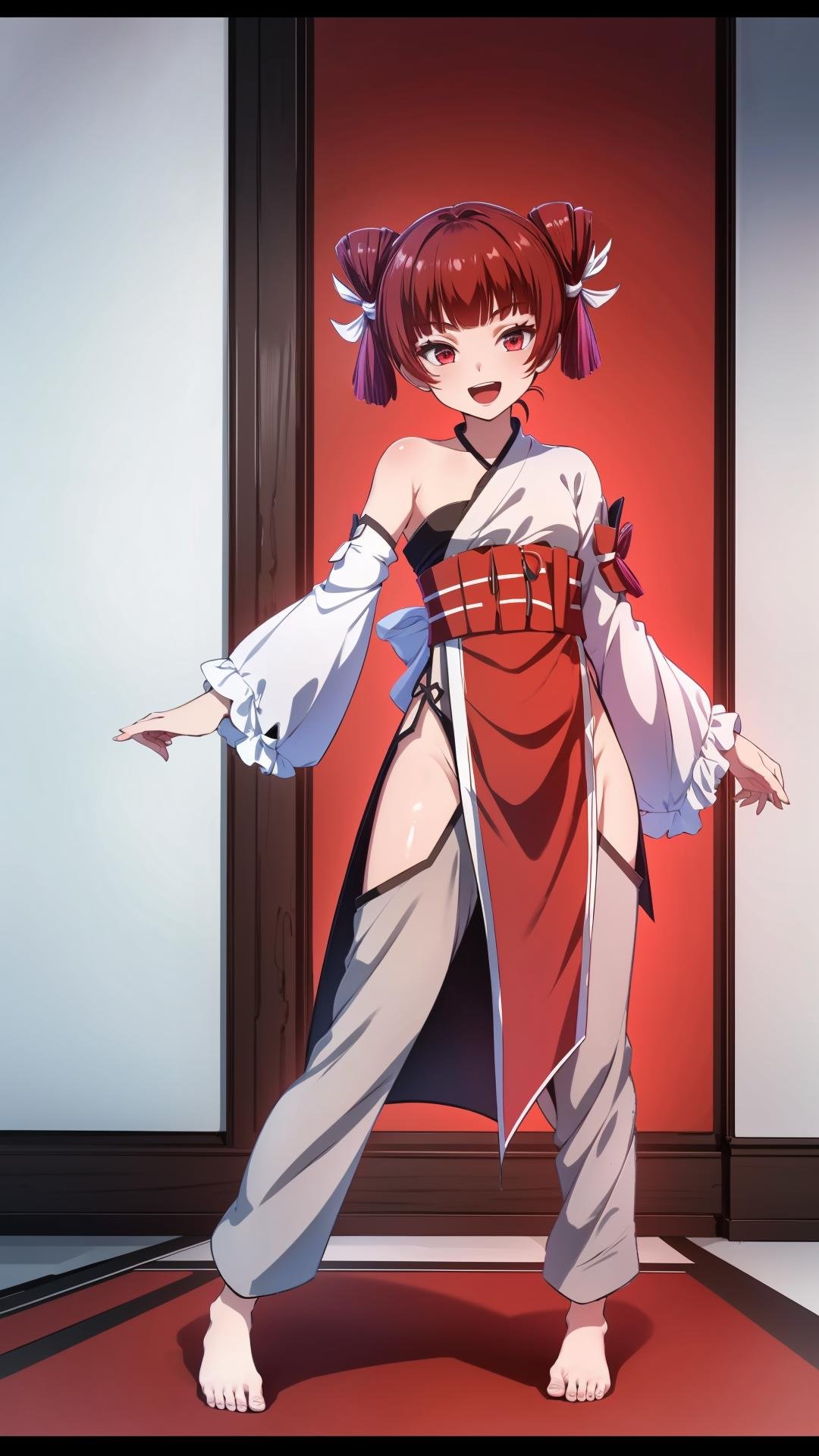 (masterpiece, best quality),ray tracing,absurdres, HDR,wuxingjian, 1girl, solo,red hair, open mouth, red eyes, smile,chinese clothes, looking at viewer, short hair,,double bun,twintails,bare right shoulders,sash,asymmetrical sleeves,full body,skirt,pants,barefoot,indoors, <lora:wuxingjian_v2:0.8>