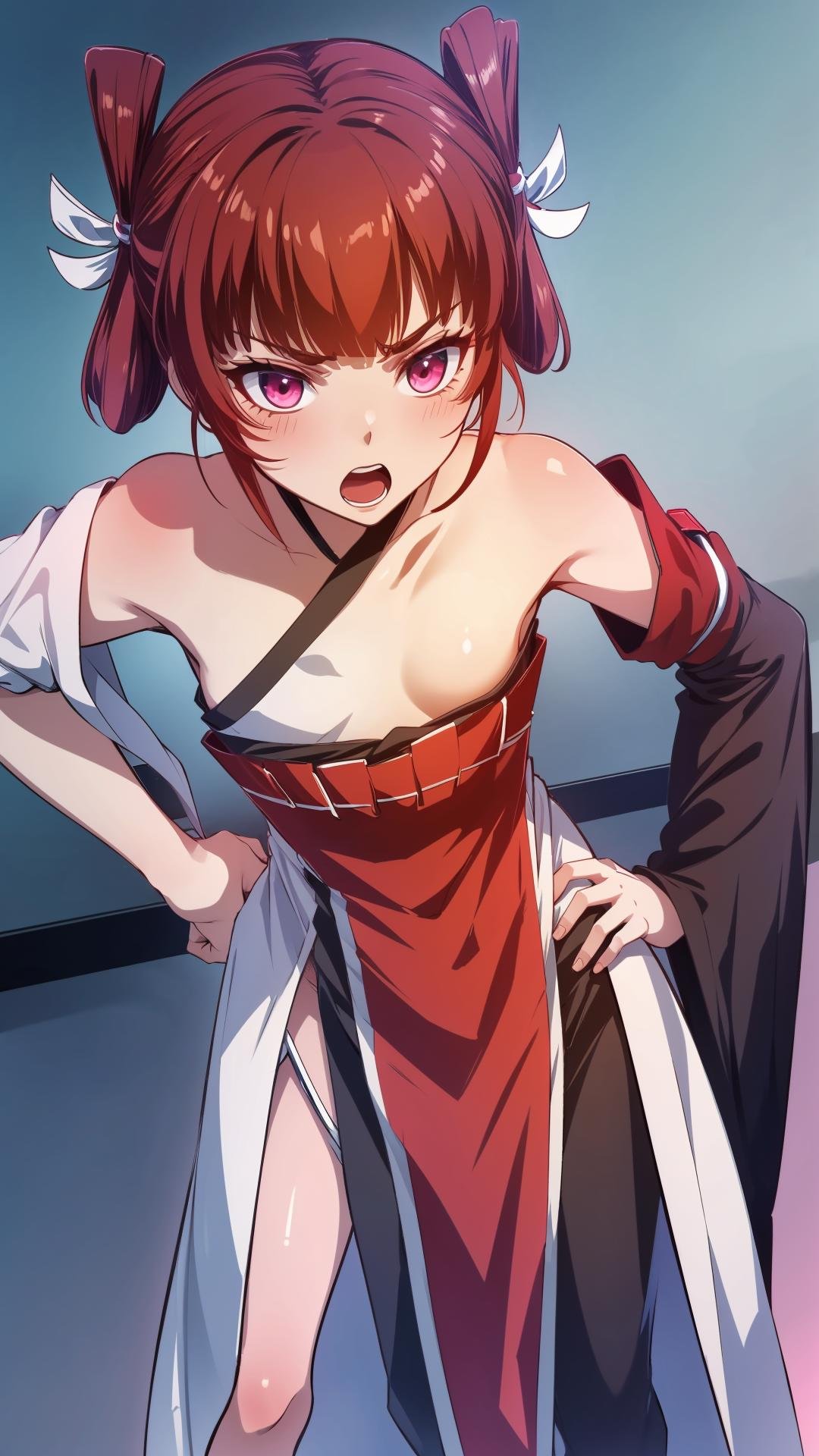 (masterpiece, best quality),ray tracing,absurdres, HDR,wuxingjian, 1girl, solo, red hair, open mouth, hands on hips, red eyes, bangs, , twintails, bare right shoulders,,  angry, pink eyes, chinese clothes, hanfu<lora:wuxingjian_v2:0.8>