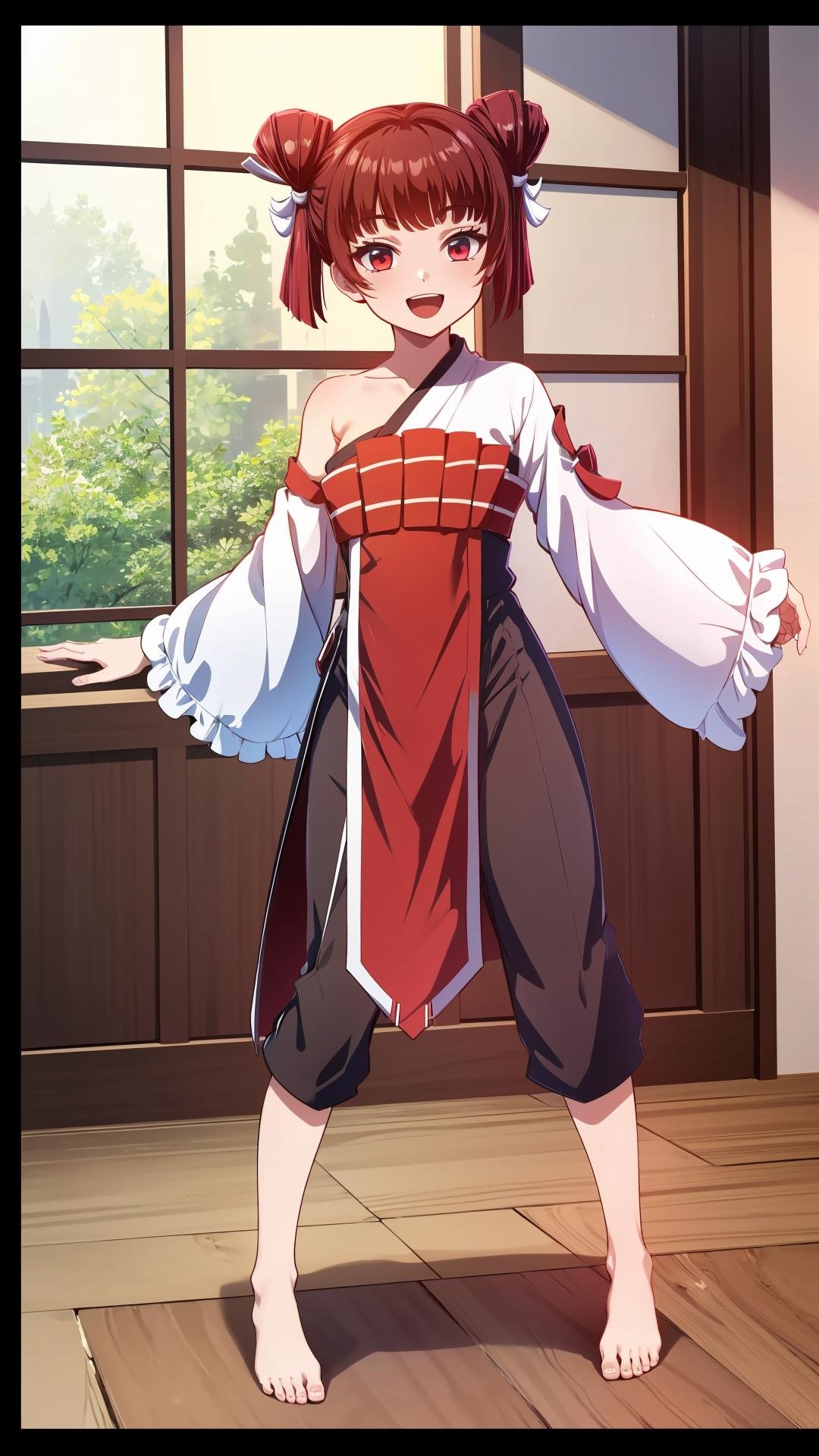 (masterpiece, best quality),ray tracing,absurdres, HDR,wuxingjian, 1girl, solo,red hair, open mouth, red eyes, smile,chinese clothes, looking at viewer, short hair,,double bun,twintails,bare right shoulders,sash,full body,skirt,pants,barefoot,indoors, <lora:wuxingjian_v2:0.8>