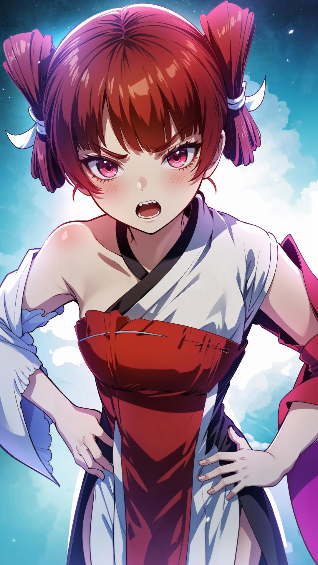 (masterpiece, best quality),ray tracing,absurdres, HDR,wuxingjian, 1girl, solo, red hair, open mouth, hands on hips, red eyes, bangs, white background, twintails, asymmetrical sleeves,  angry, pink eyes, chinese clothes, hanfu<lora:wuxingjian_v2:0.8>