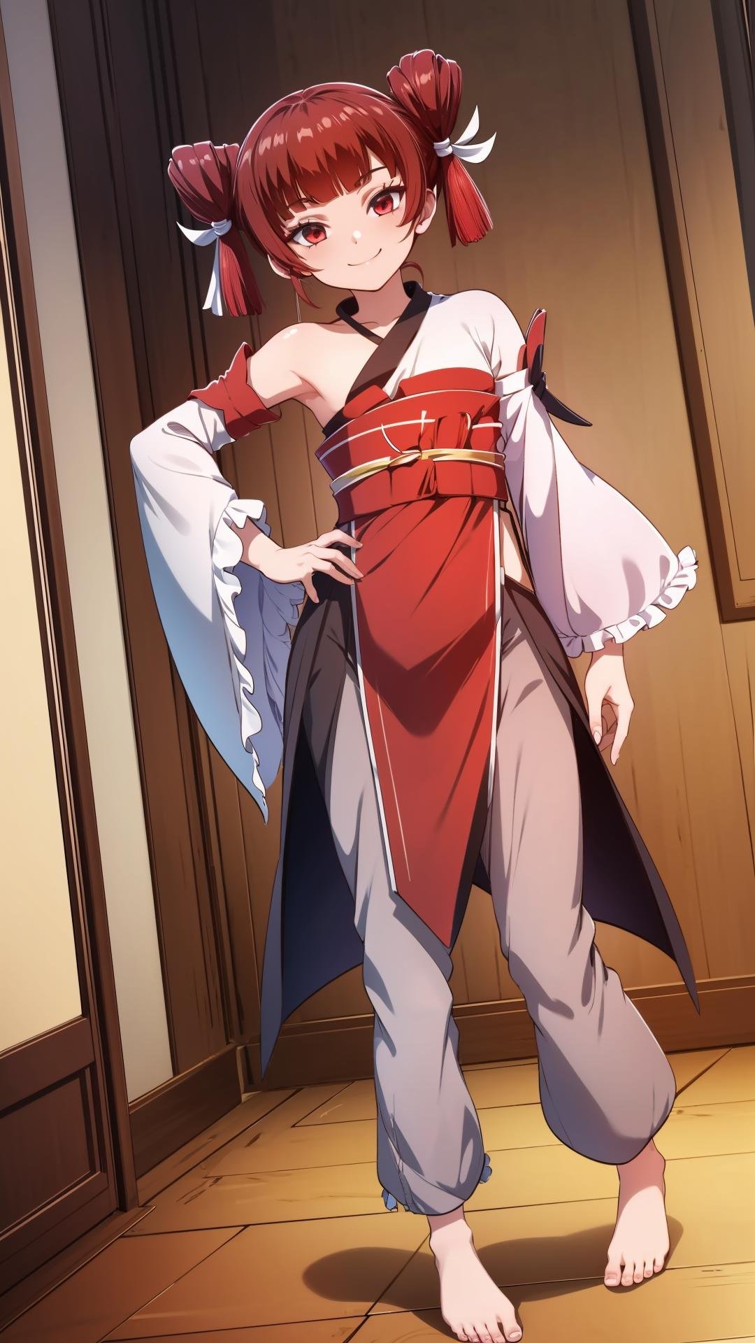 (masterpiece, best quality),ray tracing,absurdres, HDR,wuxingjian, 1girl, solo,red hair, closed mouth, red eyes, smile,chinese clothes, looking at viewer, short hair,,double bun,twintails,bare right shoulders,sash,asymmetrical sleeves,full body,skirt,pants,barefoot,indoors, <lora:wuxingjian_v2:0.8>