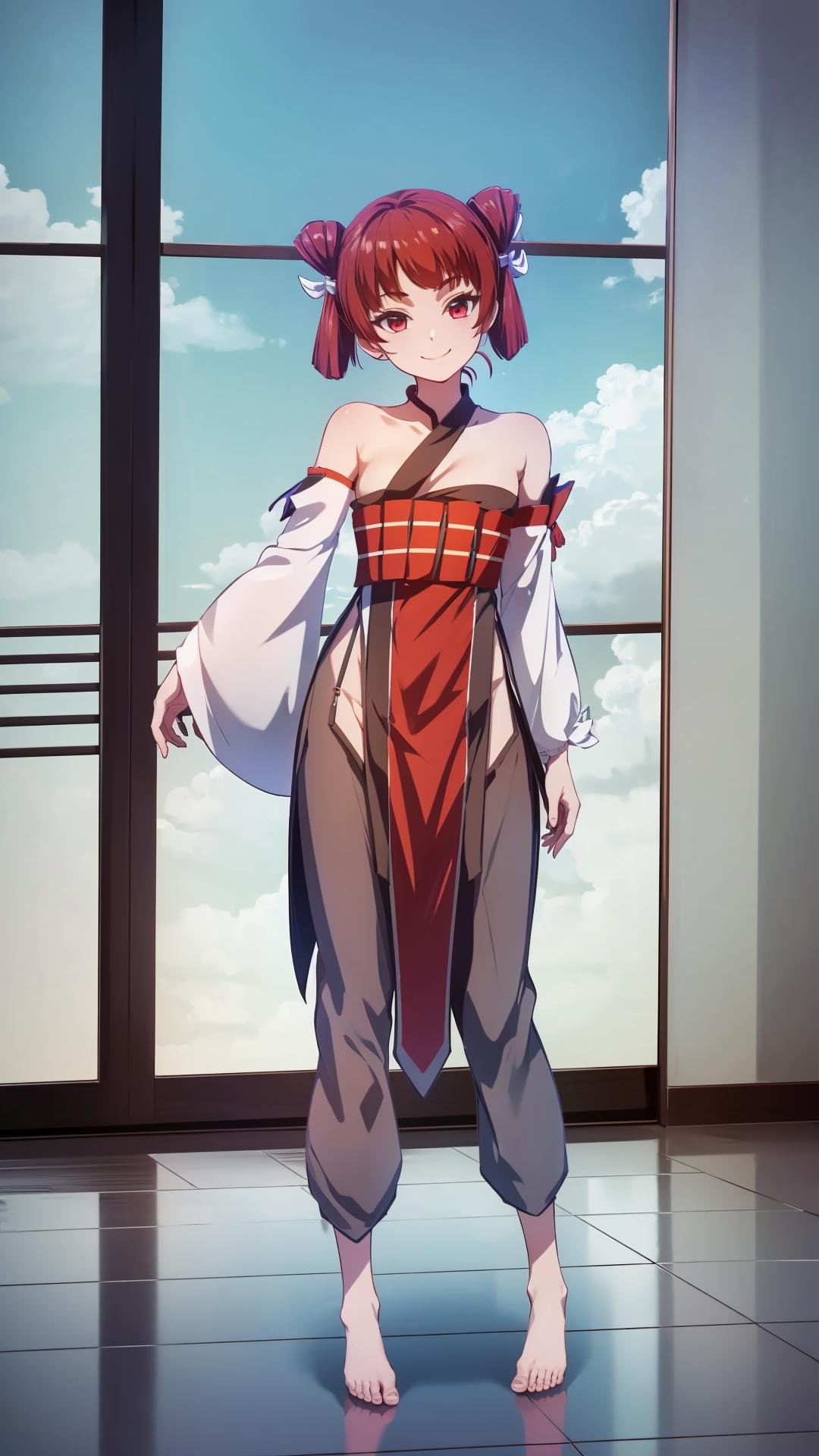 (masterpiece, best quality),ray tracing,absurdres, HDR,wuxingjian, 1girl, solo,red hair, closed mouth, red eyes, smile,chinese clothes, looking at viewer, short hair,,double bun,twintails,bare right shoulders,sash,asymmetrical sleeves,full body,skirt,pants,barefoot,indoors, <lora:wuxingjian_v2:0.8>