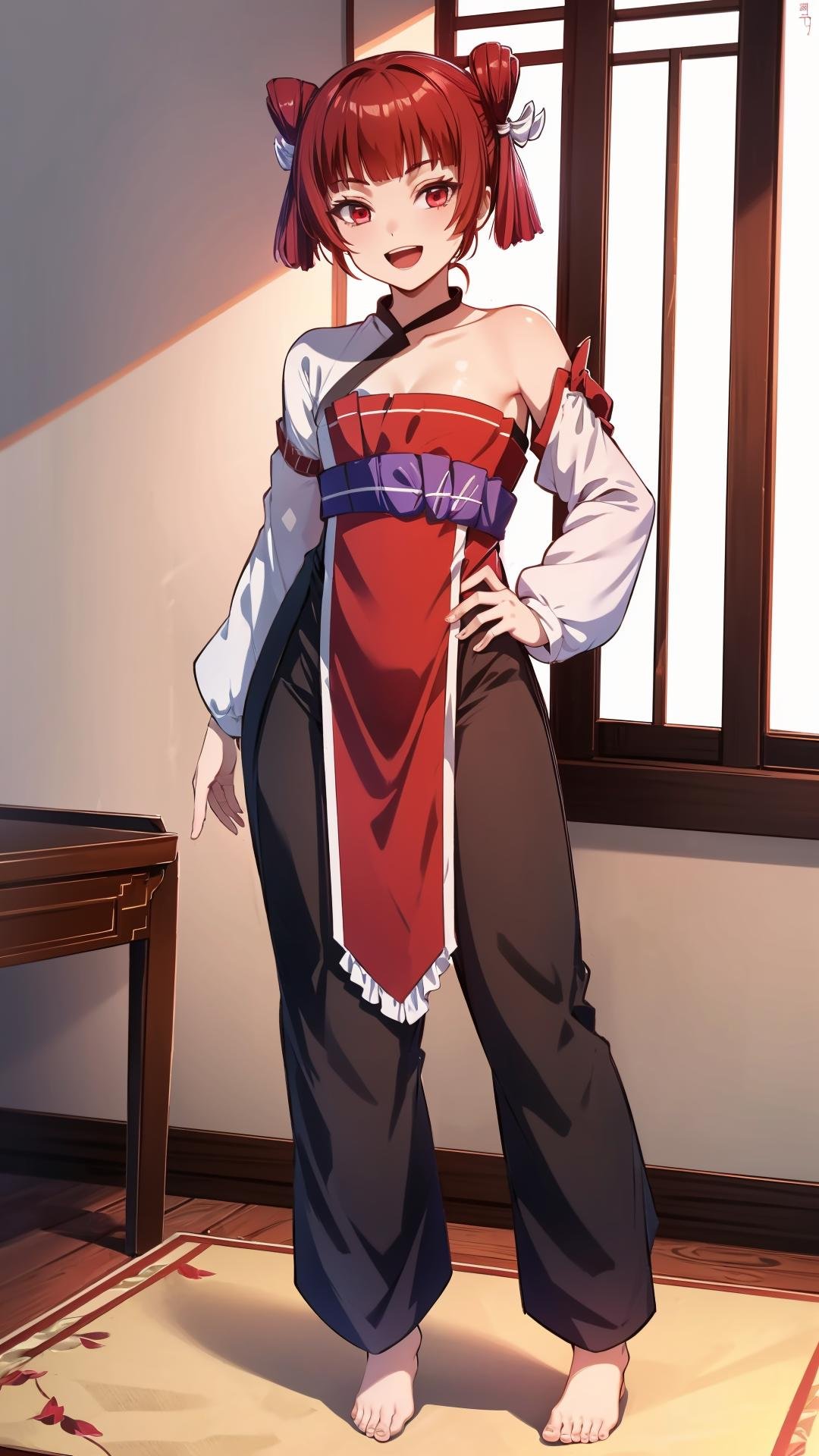 (masterpiece, best quality),ray tracing,absurdres, HDR,wuxingjian, 1girl, solo,red hair, open mouth, red eyes, smile,chinese clothes, looking at viewer, short hair,,double bun,twintails,bare right shoulders,sash,full body,skirt,pants,barefoot,indoors, <lora:wuxingjian_v2:0.8>