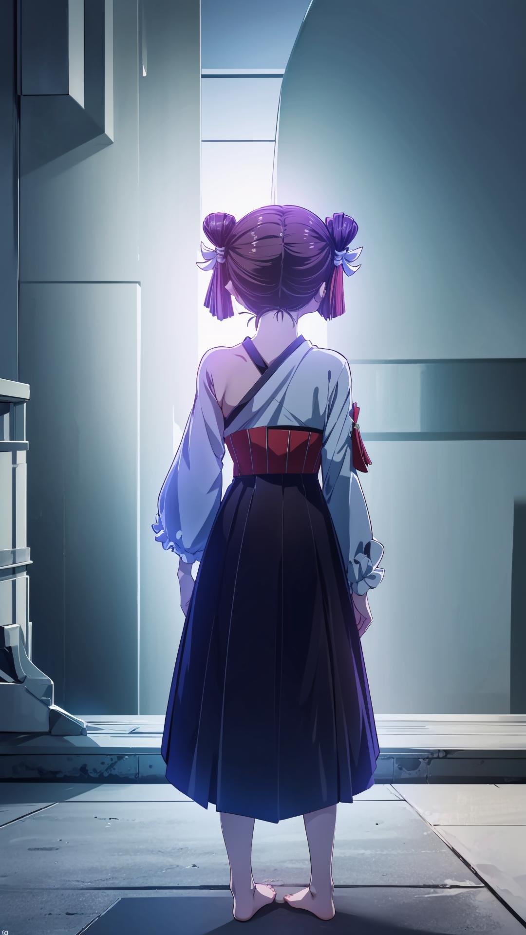 (masterpiece, best quality),ray tracing,absurdres, HDR,wuxingjian, 1girl, solo, barefoot, from behind, short hair, soles, hair bun, long sleeves, skirt, double bun, full body<lora:wuxingjian_v2:0.8>