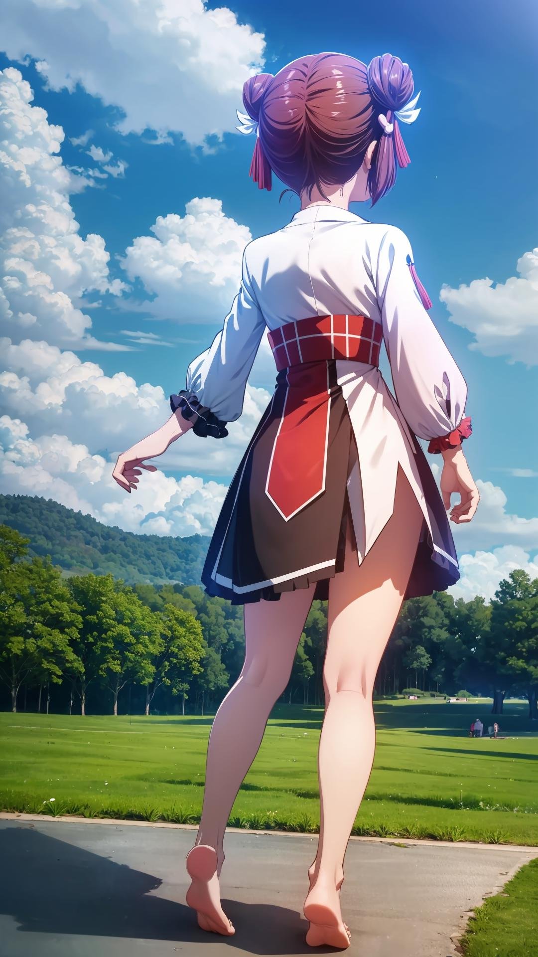 (masterpiece, best quality),ray tracing,absurdres, HDR,wuxingjian, 1girl, solo, barefoot, from behind, short hair, soles, hair bun, long sleeves, skirt, double bun, full body<lora:wuxingjian_v2:0.8>