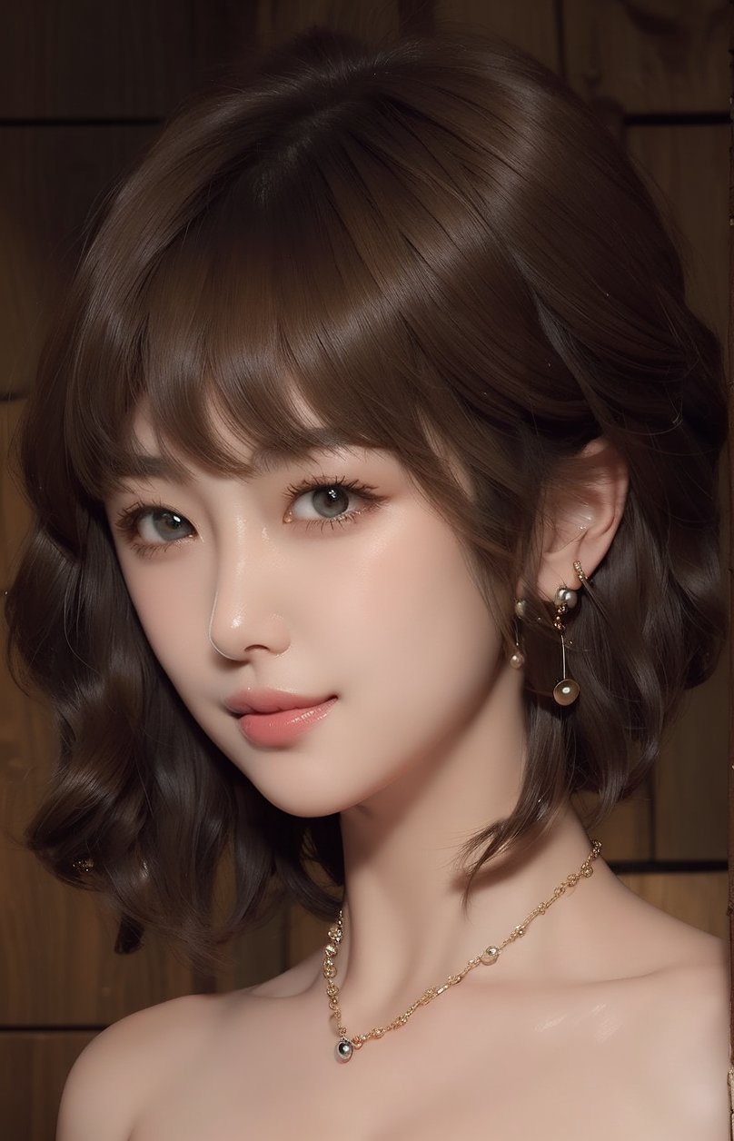 1girl, solo, looking at viewer, short hair, bangs, simple background, brown hair, bare shoulders, brown eyes, jewelry, collarbone, upper body, nude, breasts, earrings, necklace, lips, portrait, realistic, nose, smile,VIVI2