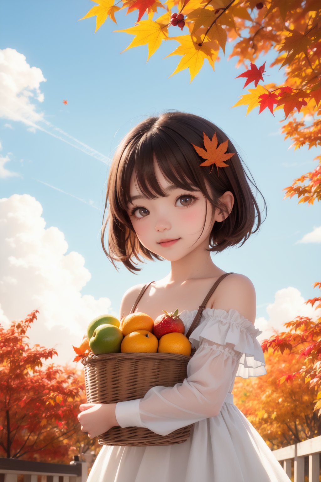 1girl, hugging basket, fruit in basket, happy, detailed beautiful eyes, autumn, light brown hair, bob hair, maple leaf hair ornament, blue sky, brown eyes, dress
