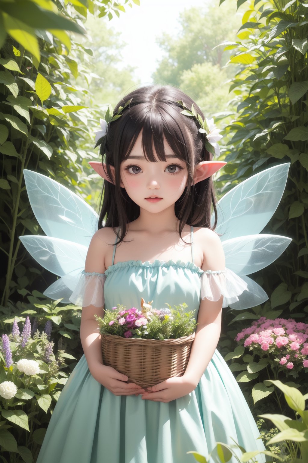 1girl, fairy colecting herb, fairy dress, pointy ears, fantasy garden forest, upper body, fairy wings, hugging basket