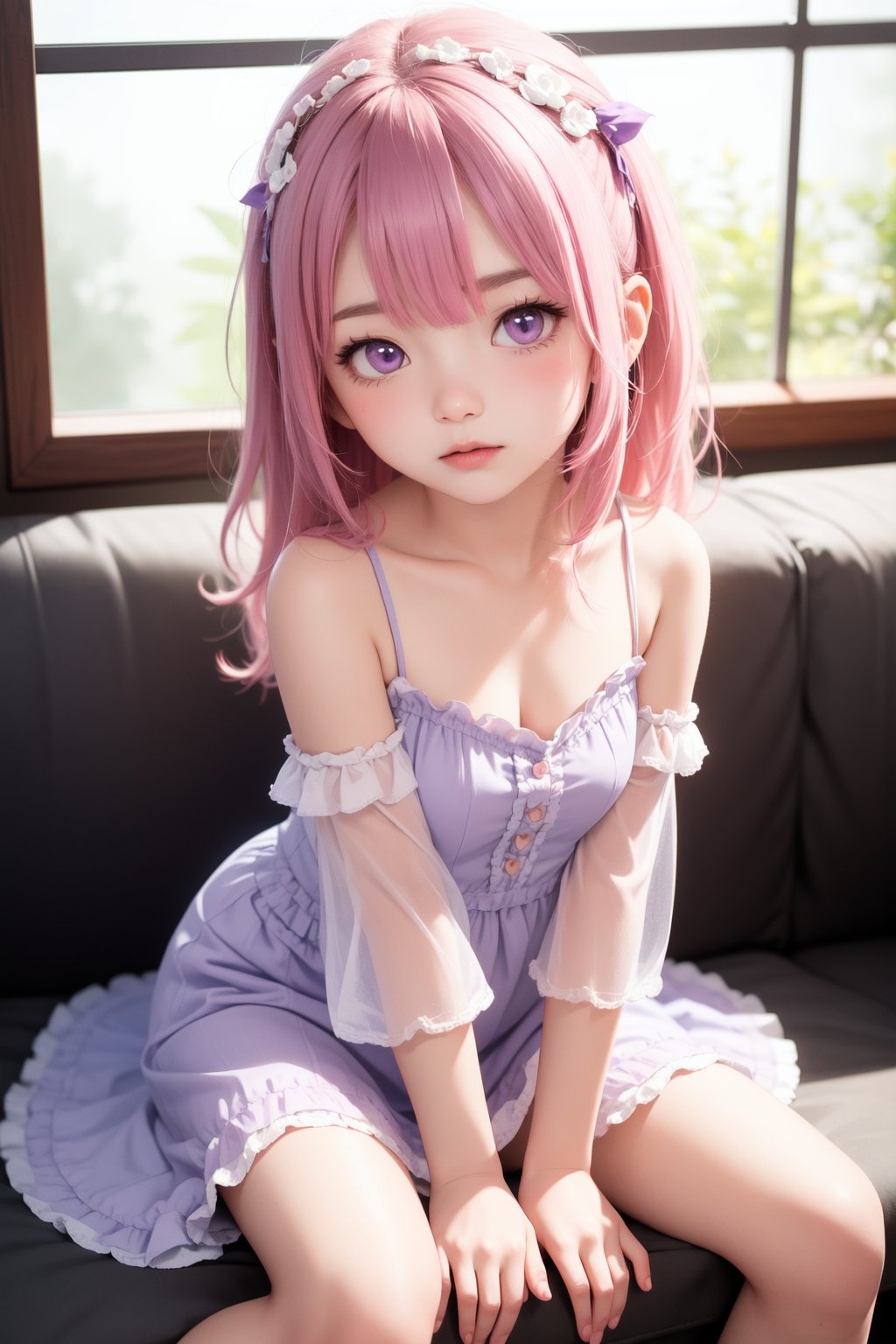 masterpiece, best quality, 1girl, looking at viewer, blush, bare shoulders, sitting, purple eyes, pink hair, detached sleeves, dress, between legs, v arms, hand between legs, long hair