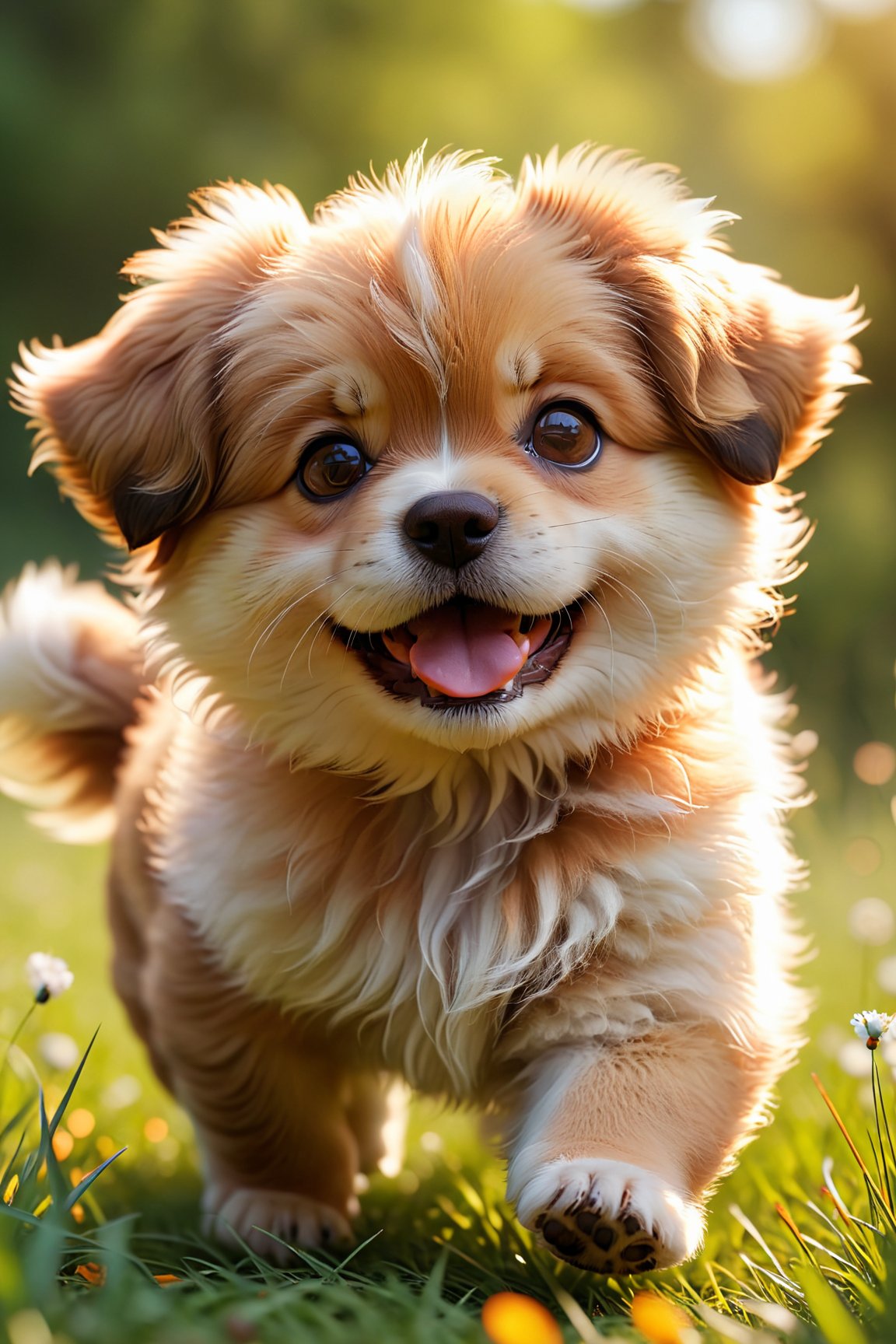 (best quality, 4k, 8k, highres, masterpiece:1.2), ultra-detailed,3D,dog, pet, adorable, cute, lively, friendly, playful, doggy eyes, fluffy fur, happy expression, small size, curled tail, pointy ears, puppy, paws, snout, puppy breath, chubby cheeks, wagging tail, soft nose, puppy love, warm-hearted, loyal companion, joyful, fun-loving, running in the meadow, grass, beautiful sunny day, family pet, symbol of happiness, portrait style, vivid colors, shades of brown, bokeh lighting.