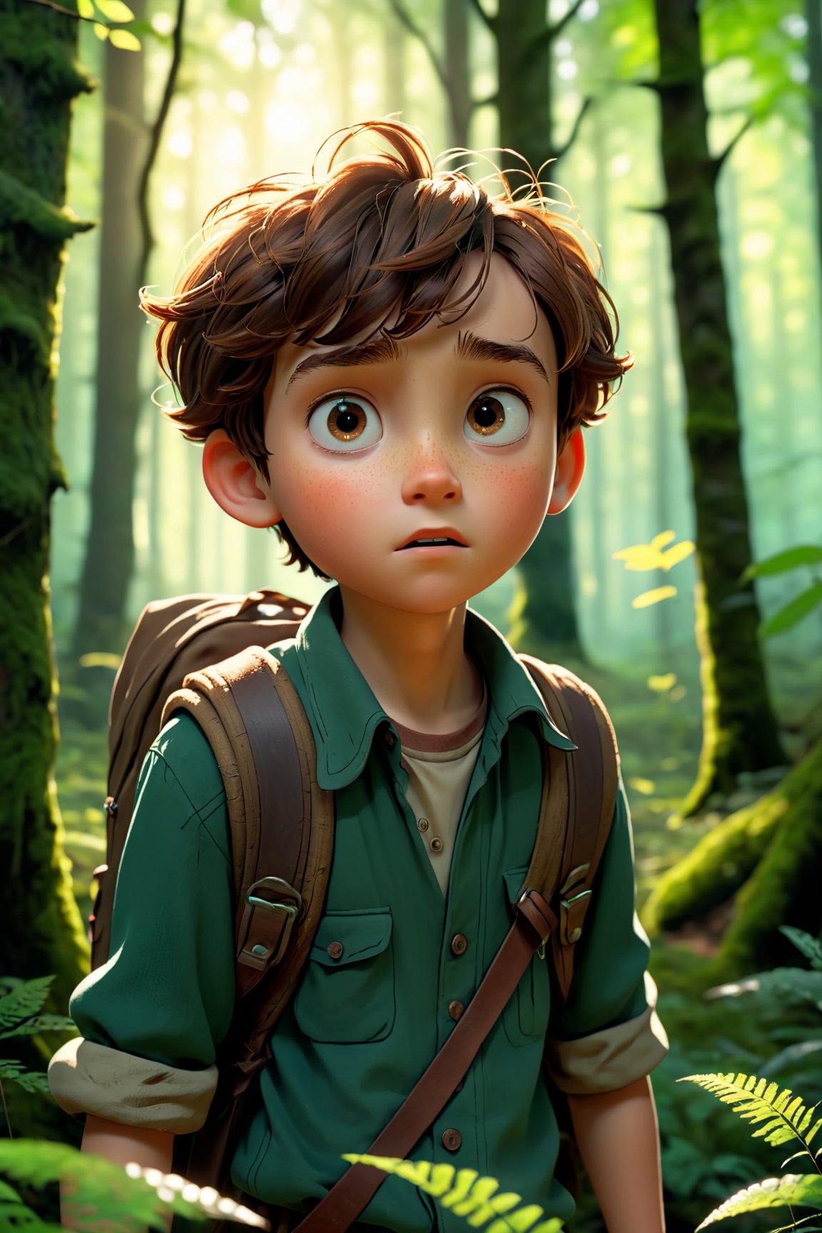 Cinematic 8K illustration, (The Tale of a Boy Who Got Lost in the Forest:1.1), Dynamic viewing angle, Beautiful and immersive storytelling, Enchanting forest adventure.