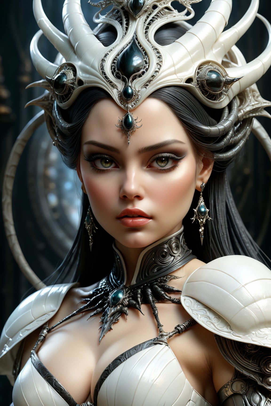 (best quality, 8K, highres, masterpiece), ultra-detailed, (Luis Royo and H.R. Giger-inspired) fantasy portrait. Imagine an ethereal queen with a regal presence, adorned in ancient attire, her skin resembling smooth white ash. Embrace athleticism and attractiveness in her demeanor. The color palette should consist of muted tones to convey powerful emotions. This close-up theme demands intricate details, vibrant brightness, and highly detailed digital art, reminiscent of Julie Bell's artistic touch. Transport the viewer into a realm where magic and sorcery intertwine with Fantasy, Science Fiction, and Mythological elements, resulting in a breathtaking masterpiece. Ensure the final image boasts good quality, sharp focus, and impressive graphics.