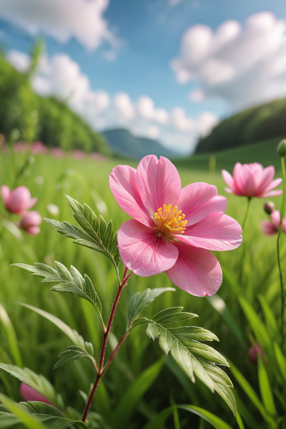 (best quality, 4k, 8k, highres, masterpiece:1.2), ultra-detailed, flower,outdoors,sky,day,cloud,blurry,depth of field,blurry background,leaf,grass,plant,nature,scenery,pink flower,field,still life