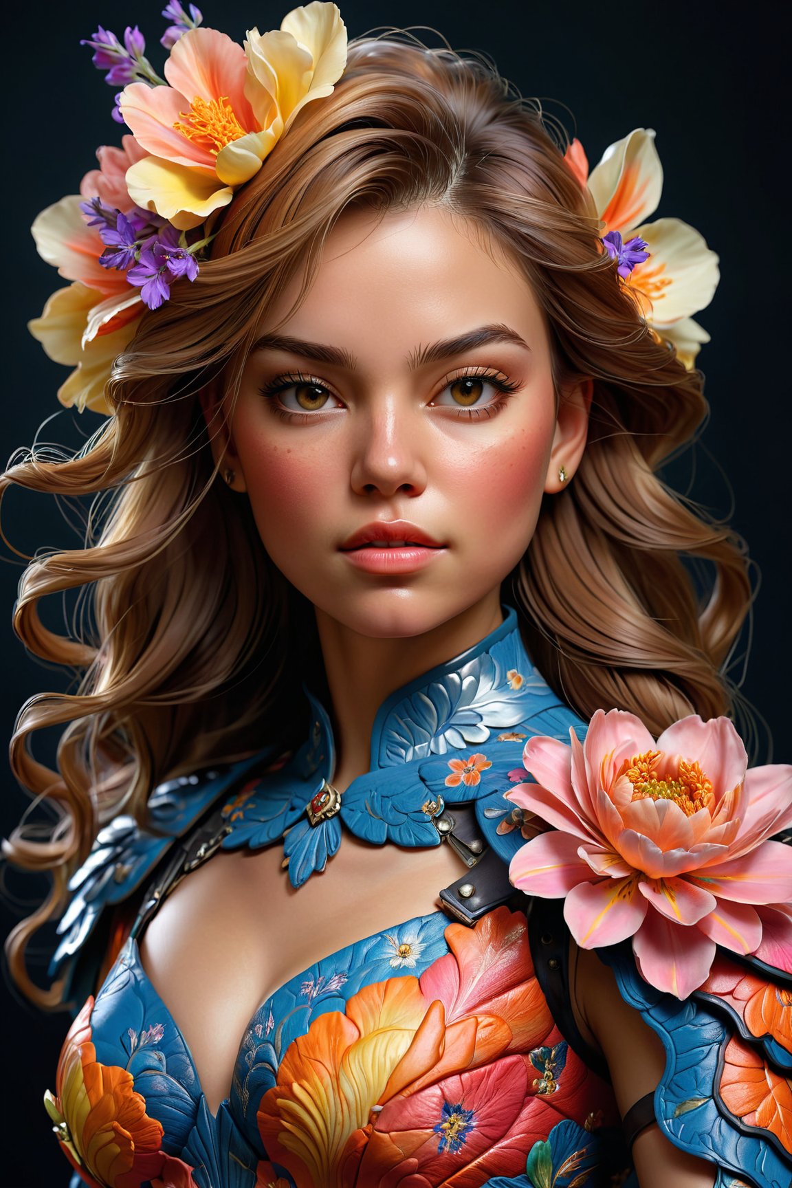 (best quality, realistic, high-resolution), colorful portrait of a woman with flawless anatomy. She is wearing a stunning flower dress that compliments her vibrant personality. Her skin is extremely detailed and realistic, with a natural and lifelike texture. The background is dark, which creates a striking contrast to the colorful flowers adorning her armor. The flowers on her armor represent her strength and beauty. The lighting accentuates the contours of her face, adding depth and dimension to the portrait. The overall composition is masterfully done, showcasing the intricate details and achieving a high level of realism, Realistic