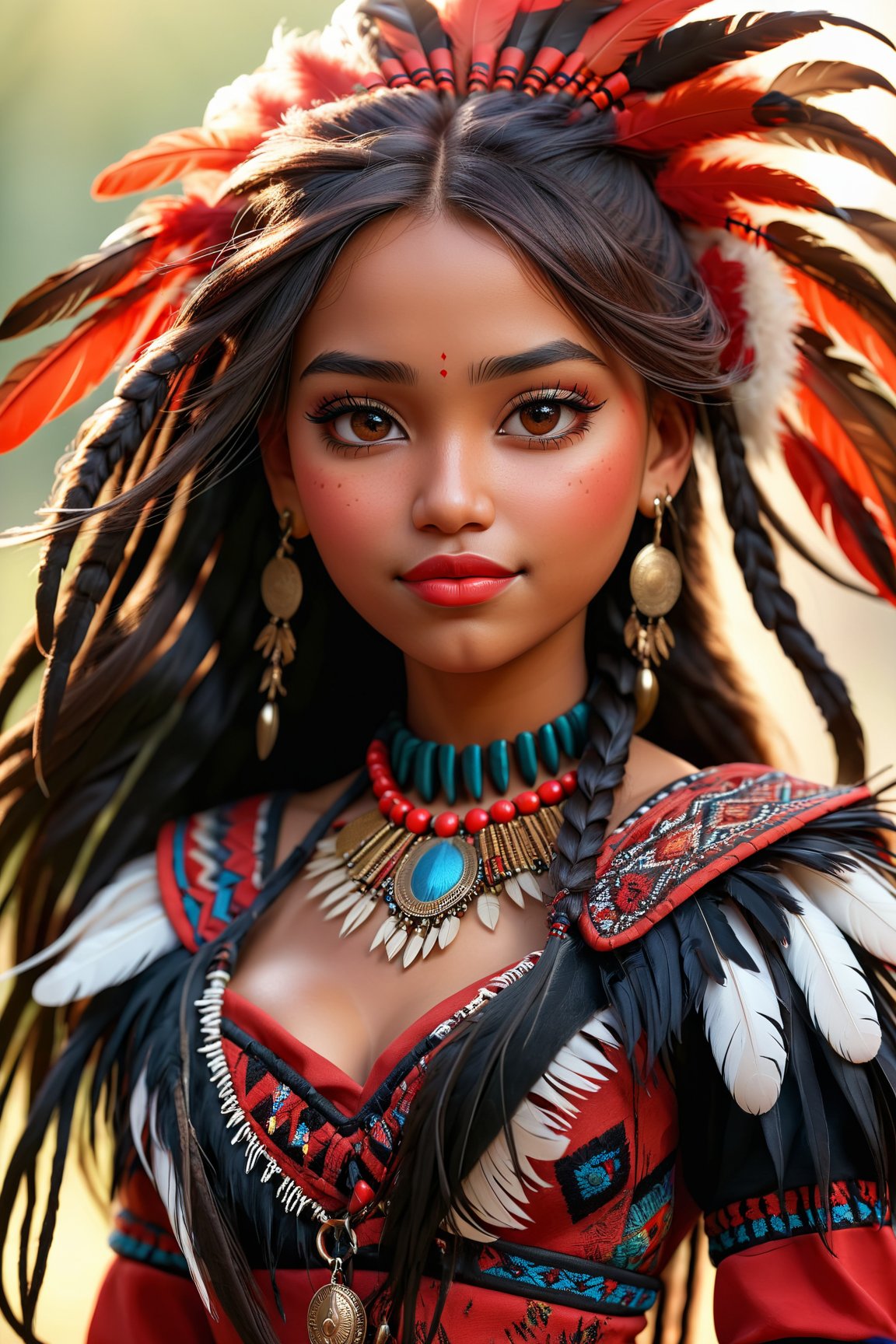 (best quality, 4k, highres, masterpiece:1.2), ultra-detailed, indigenous girl, red black harness, feathers in long dread hair, high heels boots, accessories on arm, beautiful detailed eyes, beautiful detailed lips, ethnic clothing, traditional patterns, graceful posture, subtle smile, vibrant colors, bokeh lighting, portraits