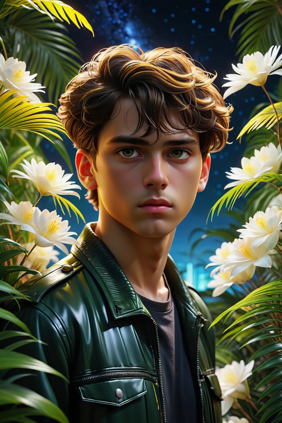 (best quality, 8K, ultra-detailed, masterpiece), 3D, A mesmerizing 8K portrait capturing the essence of a solitary boy in a close-up view, his gaze fixed afar, set against the backdrop of a synthwave art style poster. The scene is adorned with lush palm leaves and delicate white flowers, adding an intriguing geometric pattern to the composition. The entire setting is bathed in a neon yellow glow, reminiscent of the synthwave aesthetic, against a dark, starry night sky illuminated by bioluminescent elements. This artwork radiates fortitude and wholesome beauty, inviting you to immerse yourself in its unique and captivating world.