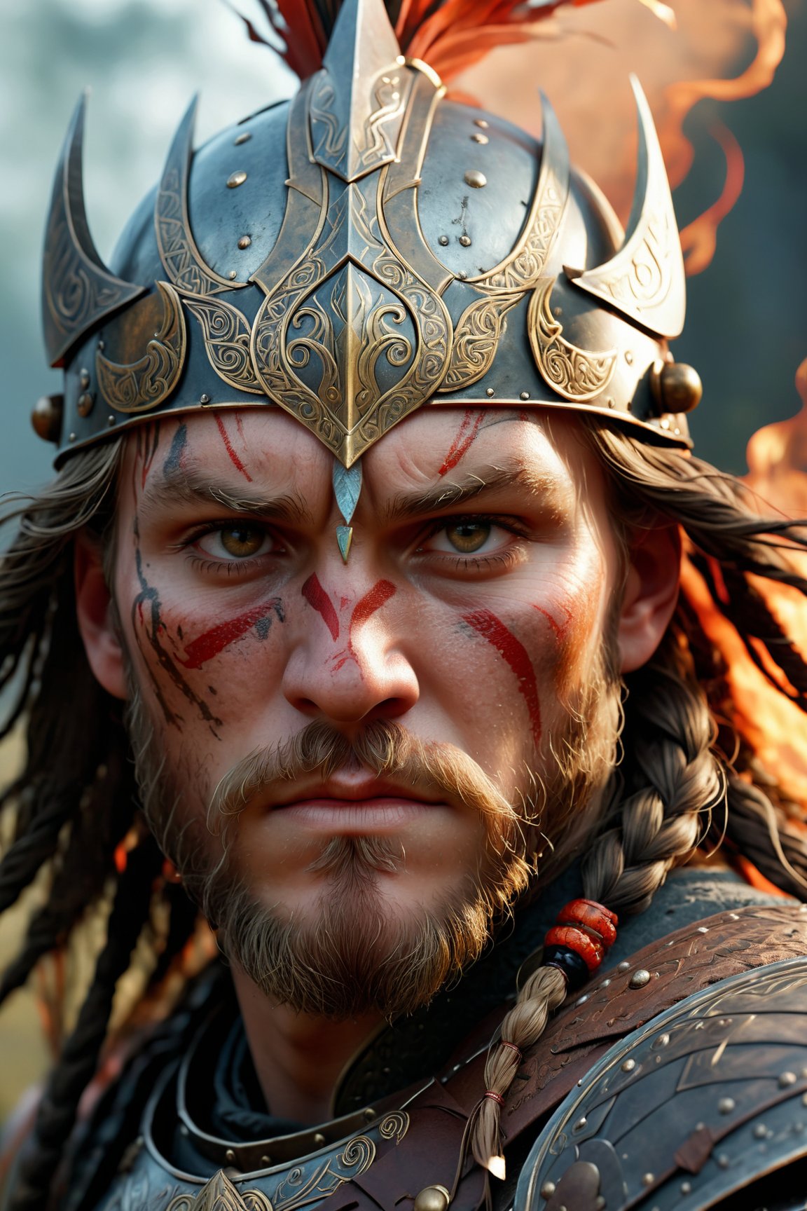 (best quality, 8K, highres, masterpiece), ultra-detailed portrayal of a mystical viking warrior, blending the raw intensity of battle with a touch of the ethereal. This man stands as a guardian between realms, his face adorned with ancient warrior face paintings, highlighted by traces of blood and the secrets of battle etched into his gaze. The portrait captures him in a moment of contemplation, the shallow depth of field focusing sharply on his detailed eyes, surrounded by a soft vignette that hints at a world beyond. The high-budget Hollywood film quality brings to life his fierce expression and the intricate details of his metal armor, weathered by countless battles, under studio lighting that casts dramatic shadows and highlights the vivid colors of his war paint. His strong, androgynous physique is poised in a heroic stance, with a scarred face telling tales of his valor. The ornate helmet, adorned with ancient runes, and his hair, threaded with beads, flutter in a wind-swept dance, while the smoke swirls in the background, suggesting a mystic battlefield. In his hands, a sword and shield, symbols of his warrior spirit, ready for the unseen foe. The atmosphere is charged with foreboding, yet his stoic expression speaks of an unwavering resolve, as if he is a roaring warrior frozen in time, surrounded by the swirling mist of legend. This scene is not just a portrait but a gateway into the saga of a man whose presence commands the scene, enveloped in a foreboding atmosphere of swirling mist and the soft glow of fire in his eyes, revealing a ferocious demeanor and a commanding presence that transcends the ordinary into the realm of legend, 3D, Cartoon