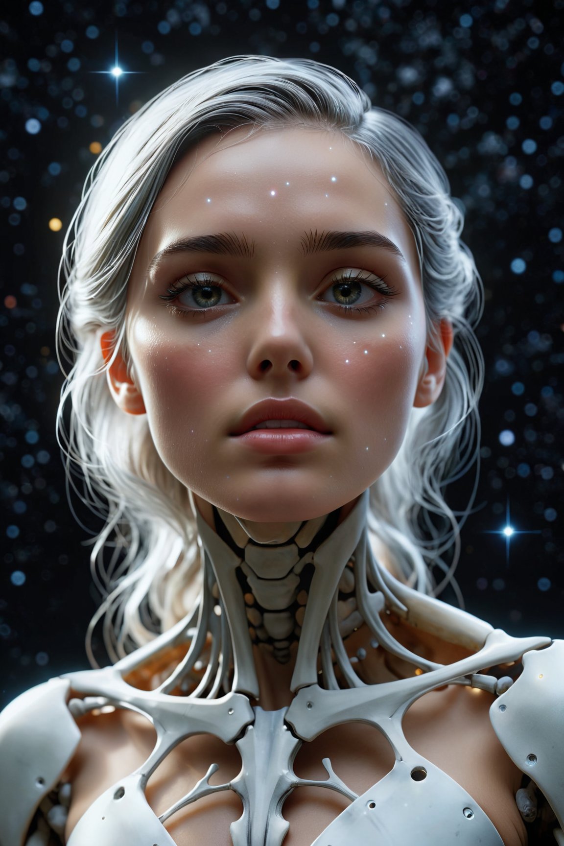 (best quality,8K,highres,masterpiece), ultra-detailed, featuring a woman with her face obscured by a grey square, set against a cosmic, star-filled background. The woman appears to be wearing or integrated with an intricate skeletal structure that is white and somewhat luminescent. The cosmic backdrop bathes the scene in a mesmerizing array of stars and galaxies, creating a sense of vastness and wonder. The obscured face adds an air of mystery and intrigue, inviting viewers to ponder the hidden depths of the character's identity. Meanwhile, the intricate skeletal structure adds a touch of ethereal beauty and symbolism, hinting at themes of mortality, transformation, and the interconnectedness of all things. This artwork is a captivating exploration of the human form amidst the cosmic expanse, blending elements of mystery, beauty, and cosmic wonder.