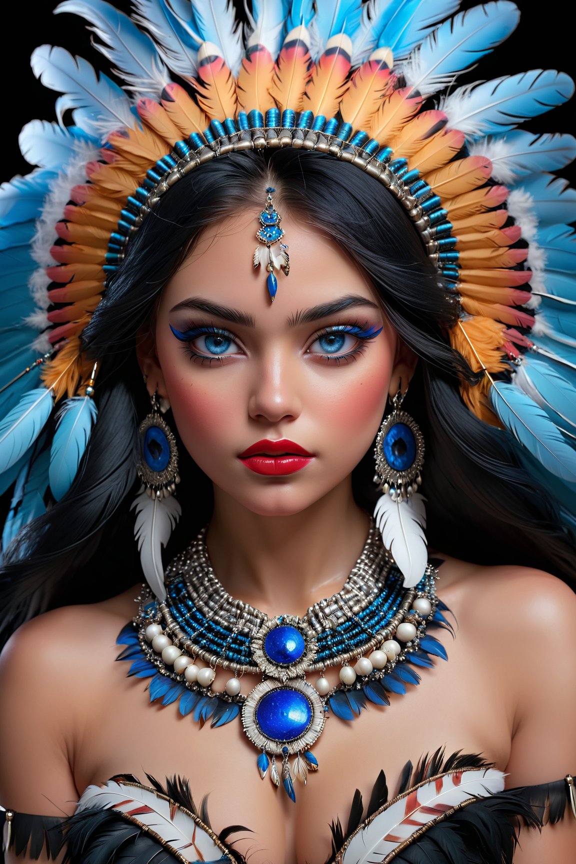 (best quality, 8K, highres, masterpiece), ultra-detailed, (realistic portrait) of a girl, solo, showcasing long, flowing black hair and captivating blue eyes that hold the viewer's gaze. This portrait emphasizes her striking features enhanced by meticulous makeup, including vivid lipstick that accentuates her lips. She wears exquisite jewelry, a necklace that complements her attire, and is adorned with a unique headdress featuring feathers, adding a majestic and ethereal quality to her appearance. The inclusion of a mask and face paint draws inspiration from Native American traditions, enriching the portrait with cultural depth and significance. The overall composition is a celebration of beauty, tradition, and the artistry of makeup and adornment, rendered with lifelike precision and attention to detail, 3D