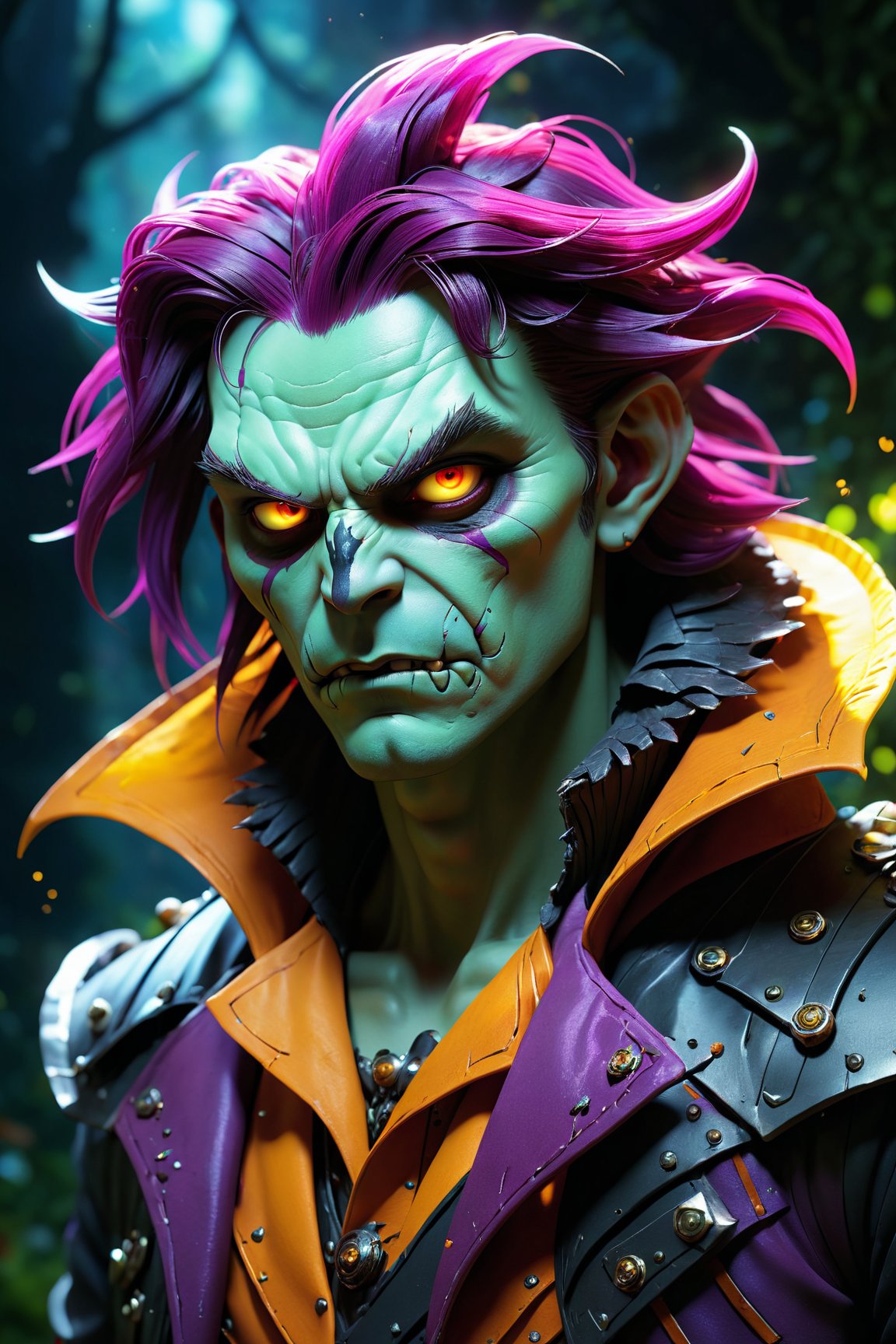 (best quality,8K,highres,masterpiece), ultra-detailed, (photorealistic, anime-style), illustration painting of a luminous and enchanting bad guy, undead/human-like creature with vibrant and colorful dark hair. The character strikes a dynamic pose in a fantastical realm environment filled with vivid hues and vibrant colors, illuminated by fantastical light particles. The mid shot composition and rule of thirds depth of field showcase intricate details, emphasizing the creature's grandeur and awe. The scene is cinematic, featuring double exposure effects and strong outlines, creating a stunning visual masterpiece bursting with lively and energetic colors.