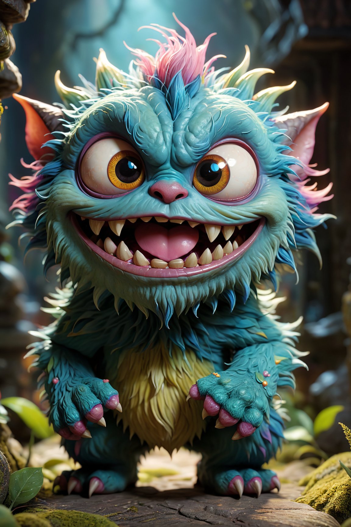 (best quality,8K,highres,masterpiece), ultra-detailed, 3D, capturing the whimsical essence of a cute, tiny monster with a distinctly creepy smile. This creature, while small in stature, boasts an array of vibrant colors and textures, making it stand out with its unique charm. Despite its eerie grin, there's an undeniable allure to its appearance, blending elements of the adorable with the slightly unsettling. The monster's eyes sparkle with mischief, suggesting a playful nature behind its unnerving smile. Its skin is highly textured, showcasing an array of soft, pastel shades that contrast with the darker, more mysterious tones of its grin. The background is deliberately blurred, focusing attention on the creature's expressive face and the intricate details that define its character. This portrayal combines the innocent with the eerie, inviting viewers into a world where even the smallest monsters carry a mix of cuteness and mystery.