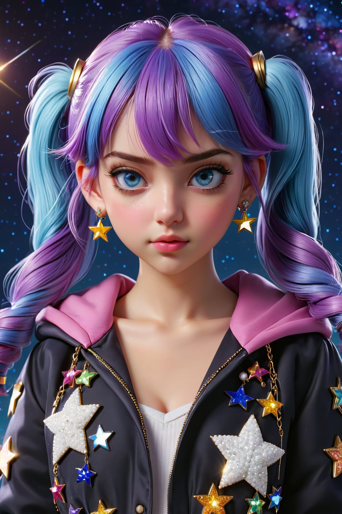 (best quality, 4k, 8k, highres, masterpiece:1.5), ultra-detailed, 3d,1girl,solo,looking at viewer,bangs,blue eyes,shirt,hair ornament,twintails,jewelry,blue hair,jacket,upper body,purple hair,ahoge,multicolored hair,earrings,hood,blunt bangs,star (symbol),star (sky),starry sky,star hair ornament,star earrings