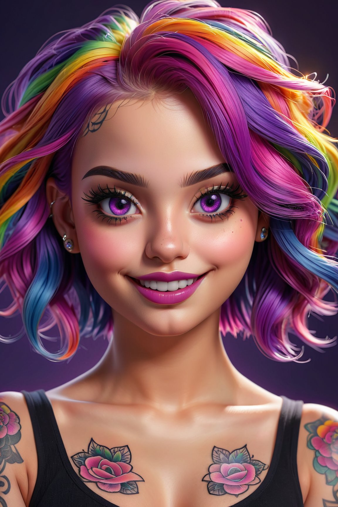 (best quality, highres)women, short crop top, rainbow hair, purple eyes, cute smile, full body tattoo, beautiful detailed eyes, beautiful detailed lips, extremely detailed eyes and face, long eyelashes, vivid colors, physically-based rendering, studio lighting, portraits