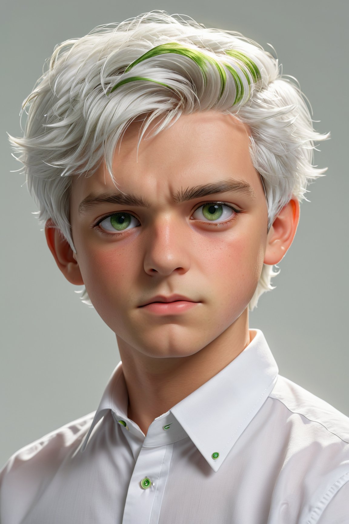 (best quality, 4k, 8k, highres, masterpiece:1.5), ultra-detailed,1boy, solo,looking at viewer,short hair,shirt,1boy,green eyes,white shirt,upper body,white hair,male focus,collared shirt,portrait