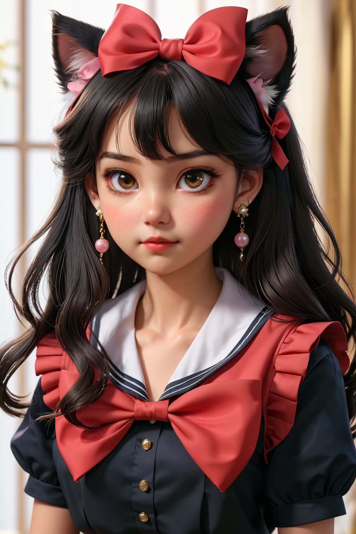 (best quality, 4k, 8k, highres, masterpiece:1.5), ultra-detailed, 1girl,solo,long hair,looking at viewer,blush,bangs,shirt,black hair,bow,jewelry,very long hair,upper body,hair bow,earrings,sleeveless,sailor collar,red bow,black shirt,sleeveless shirt,bell,animal,cat,crescent