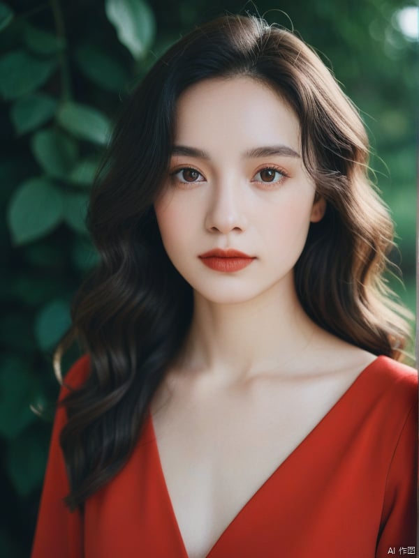 [woman with white skin: 1.2, long curly hair: 1.2, elegant red dress, flat nose, bright brown eyes], portrait, VSCO filter: C8)