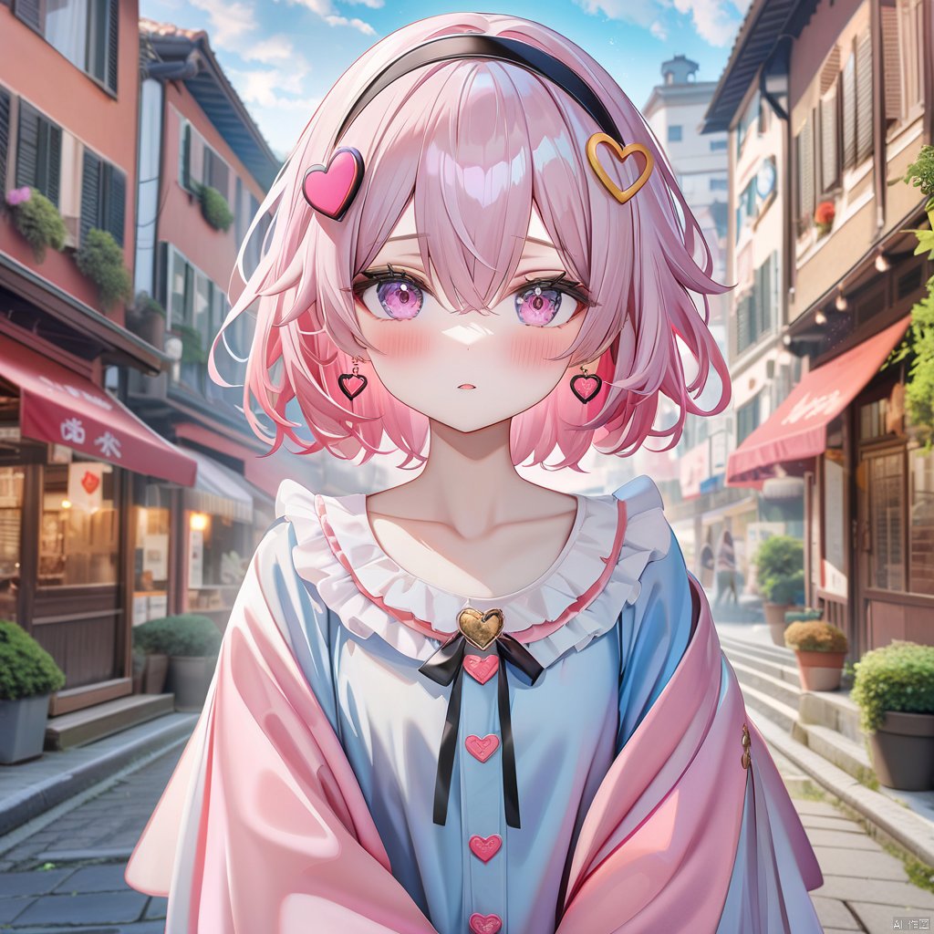  (masterpiece),(best quality),illustration,ultra detailed,hdr,Depth of field,(colorful),loli,1girl,solo,komeiji satori,heart,pink hair,long sleeves,short hair,hairband,looking at viewer,third eye,heart hair ornament,blush,upper body,hair ornament,parted lips,shirt,blue shirt,pink eyes,black hairband,hair between eyes,bangs,frills,frilled shirt collar,buttons,jewelry,earrings,wide sleeves,frilled sleeves,collarbone,[[chen bin]],[omone hokoma agm],torino aqua,