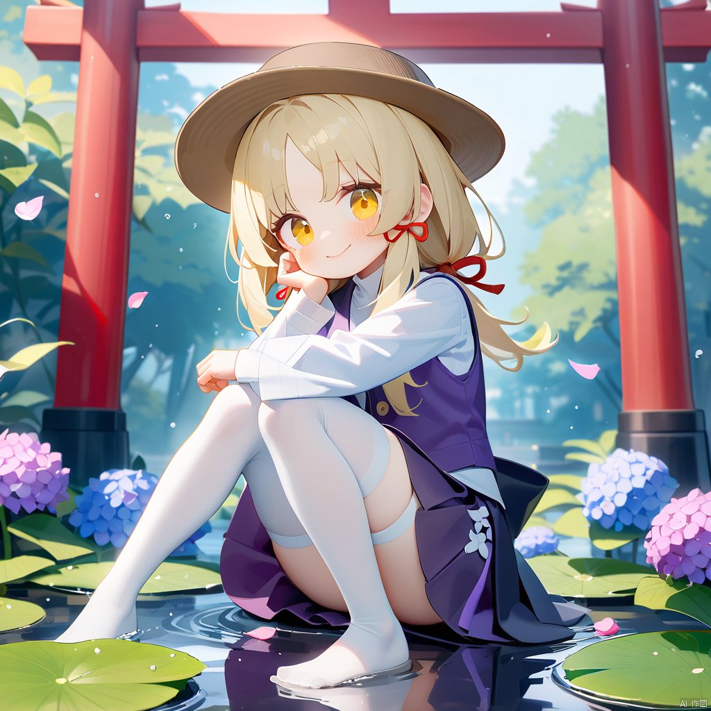 tianliang duohe fangdongye,1girl,moriya suwako,hydrangea,blonde hair,flower,thighhighs,solo,yellow eyes,ribbon,hat,hair ribbon,purple skirt,torii,red ribbon,frog,white thighhighs,skirt,smile,long sleeves,vest,wide sleeves,looking at viewer,outdoors,bangs,brown headwear,sitting,pink flower,blush,purple vest,tress ribbon,shirt,lily pad,animal,white shirt,sunlight,long hair,blue flower,purple flower,water,day,closed mouth,medium hair,light rays,sidelocks,petals,knees up,skirt set,parted bangs,sunbeam,head rest,turtleneck,squatting,leaf,nature,tree,