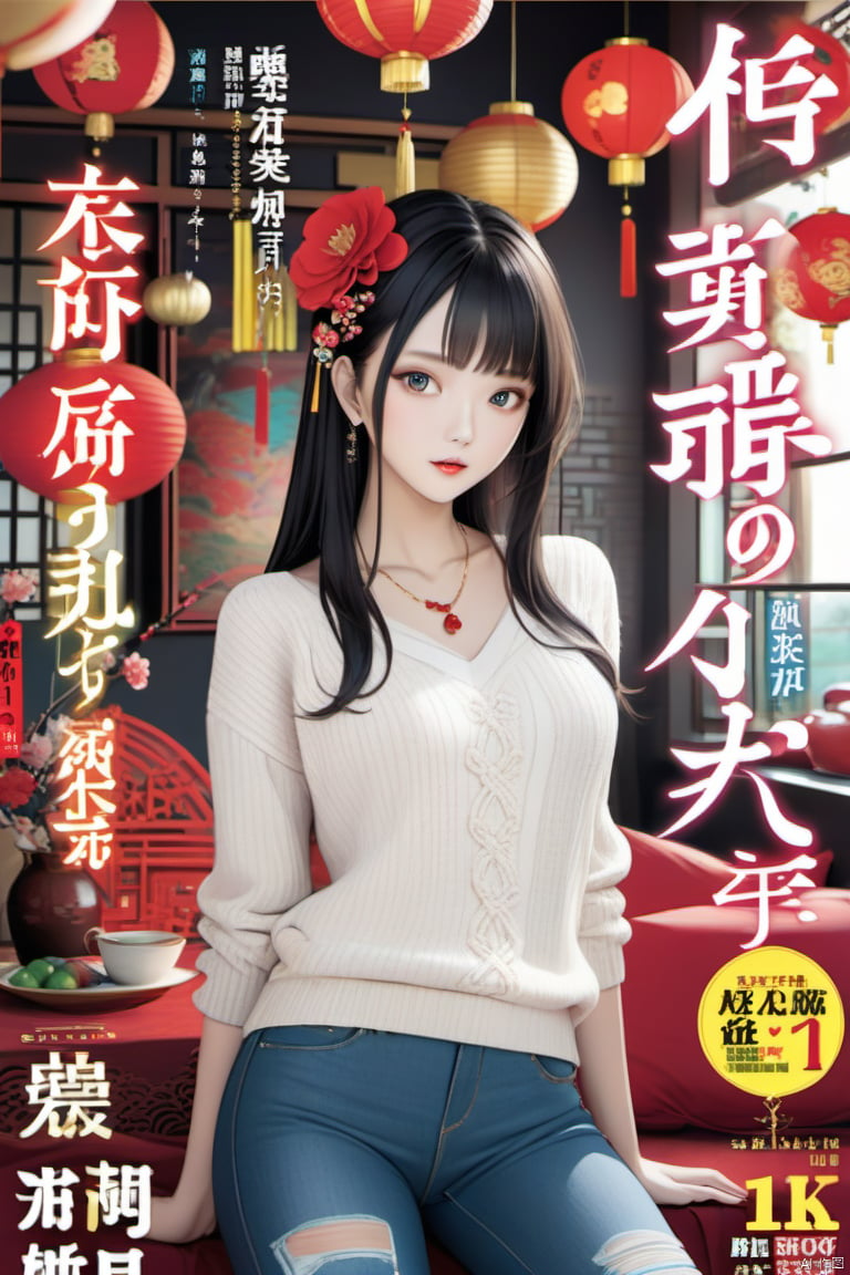 Magazine cover（（（hair accessories）））,necklace,Put on a sexy sweater,,skinny jeans,The room is filled with Chinese New Year decorations.（（（masterpiece）））, （（best quality））,（（surreal））（8K）, Magazine cover, shanhaijing<lora:EMS-329162-EMS:0.000000>, <lora:EMS-334276-EMS:1.000000>, <lora:EMS-331039-EMS:0.000000>