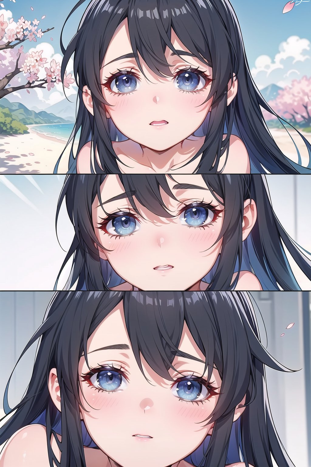 ray tracing, {best quality}, {{masterpiece}}, {highres}, original, extremely detailed 8K wallpaper, {an extremely delicate and beautiful}, extremely detailed CG unity 8k wallpaper, beachday, outdoorsdetailed background, Cherry blossoms,  young face, black hair, long hair, blue eyes