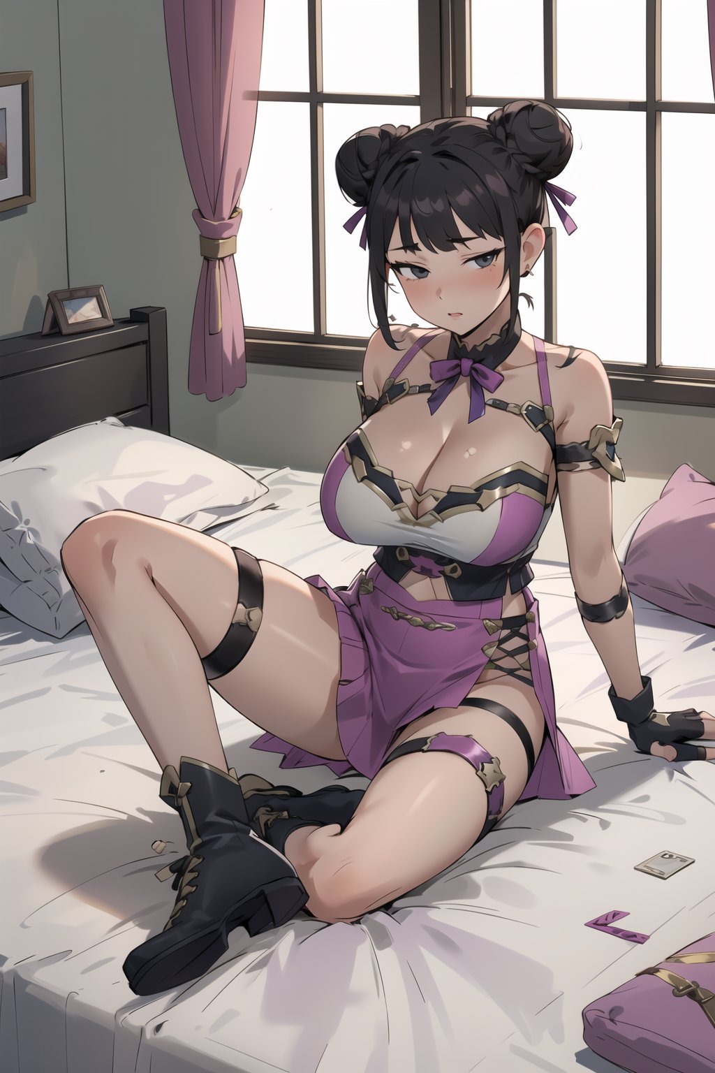 masterpiece, best detial,1girl,

double bun,black_hair,large_breast,cleavage,thigh strap,armlet,leg ribbon,boots,fingerless gloves,mini_skirt

indoor,window,sunlight
lying on bed,spread legs,full body
,mature female