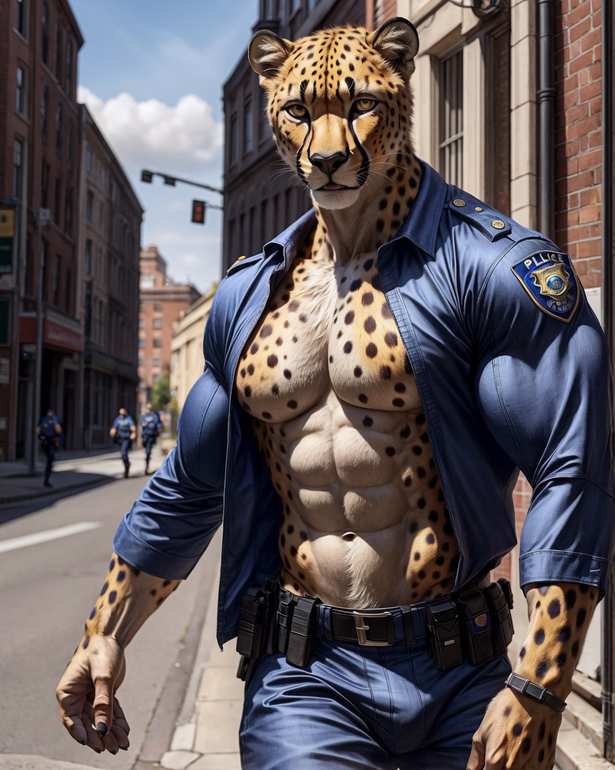 anthro, cheetah, male, adult, muscular, veiny muscles, police uniform, realistic fur, detailed background, street background, hyper realism, RAW photo, (realism, photorealistic:1.3), detailed, hi res,